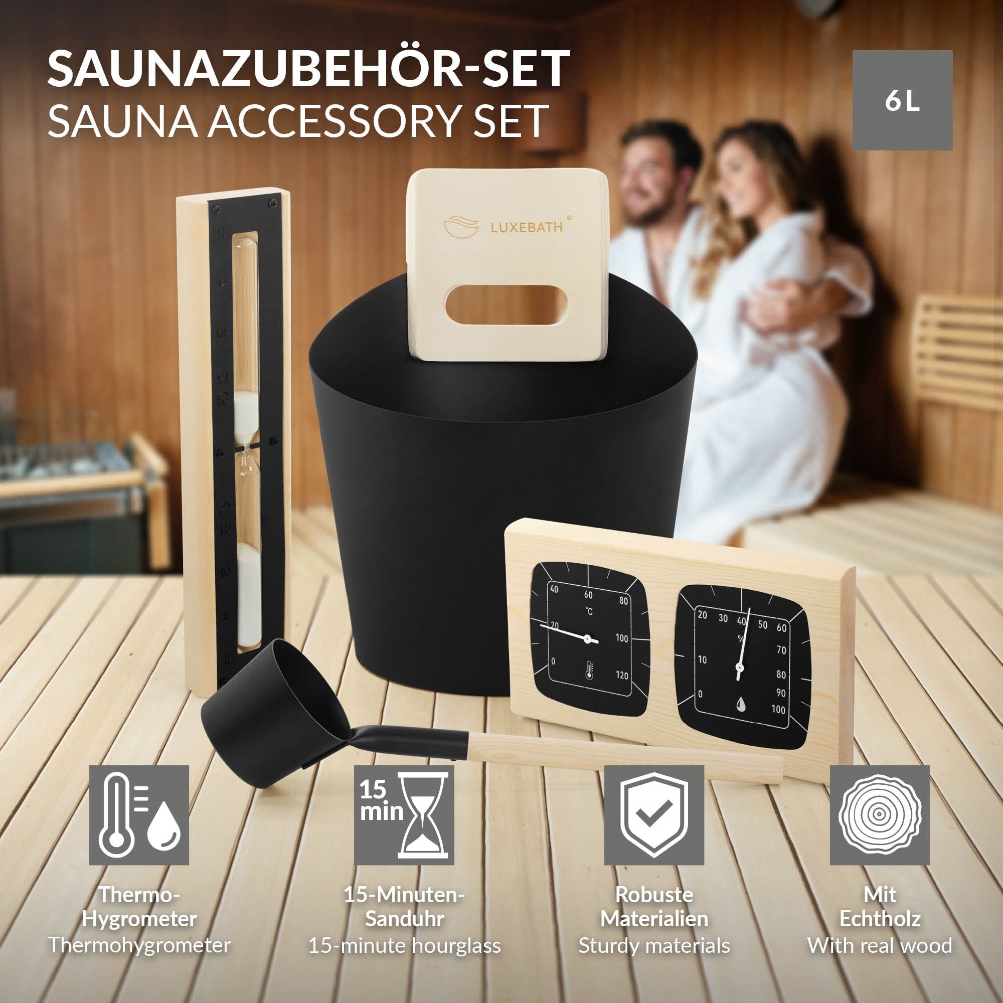 Saunazubehör-Set mit Thermo-Hygrometer, Sanduhr und Uhren auf einem Holztisch.