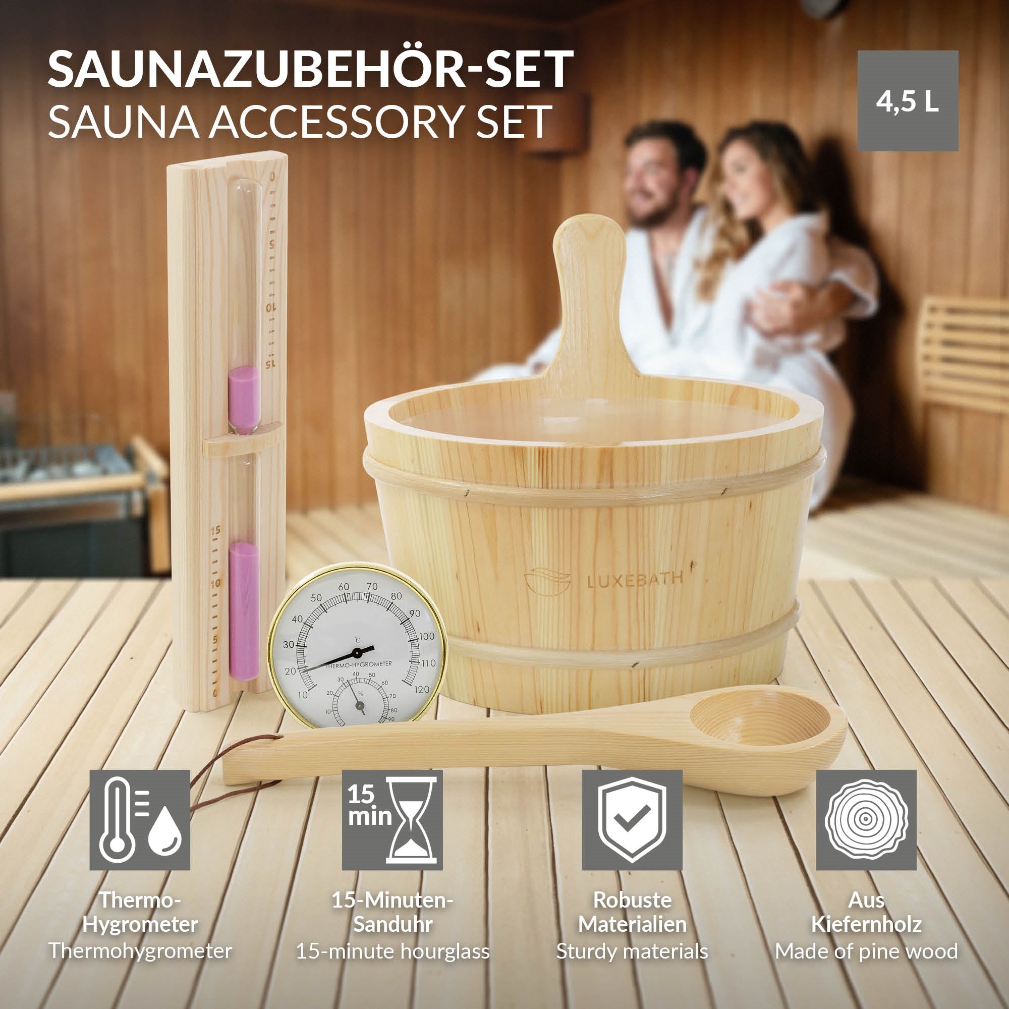 Sauna Zubehörset mit Holzschüssel, Thermometer und Sanduhr.