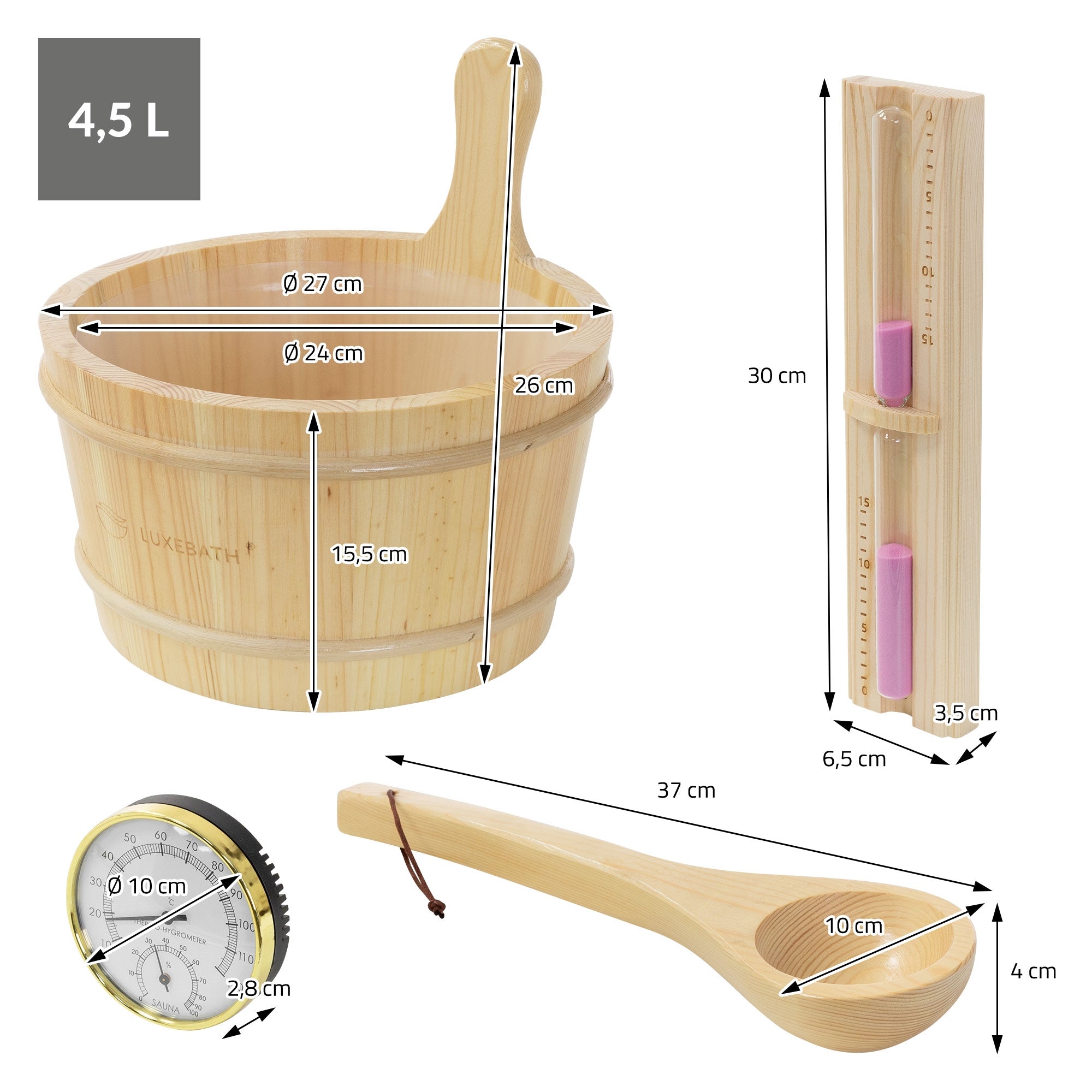 Holzaufgusskübel mit Messbecher und Thermometer, Maße angegeben.