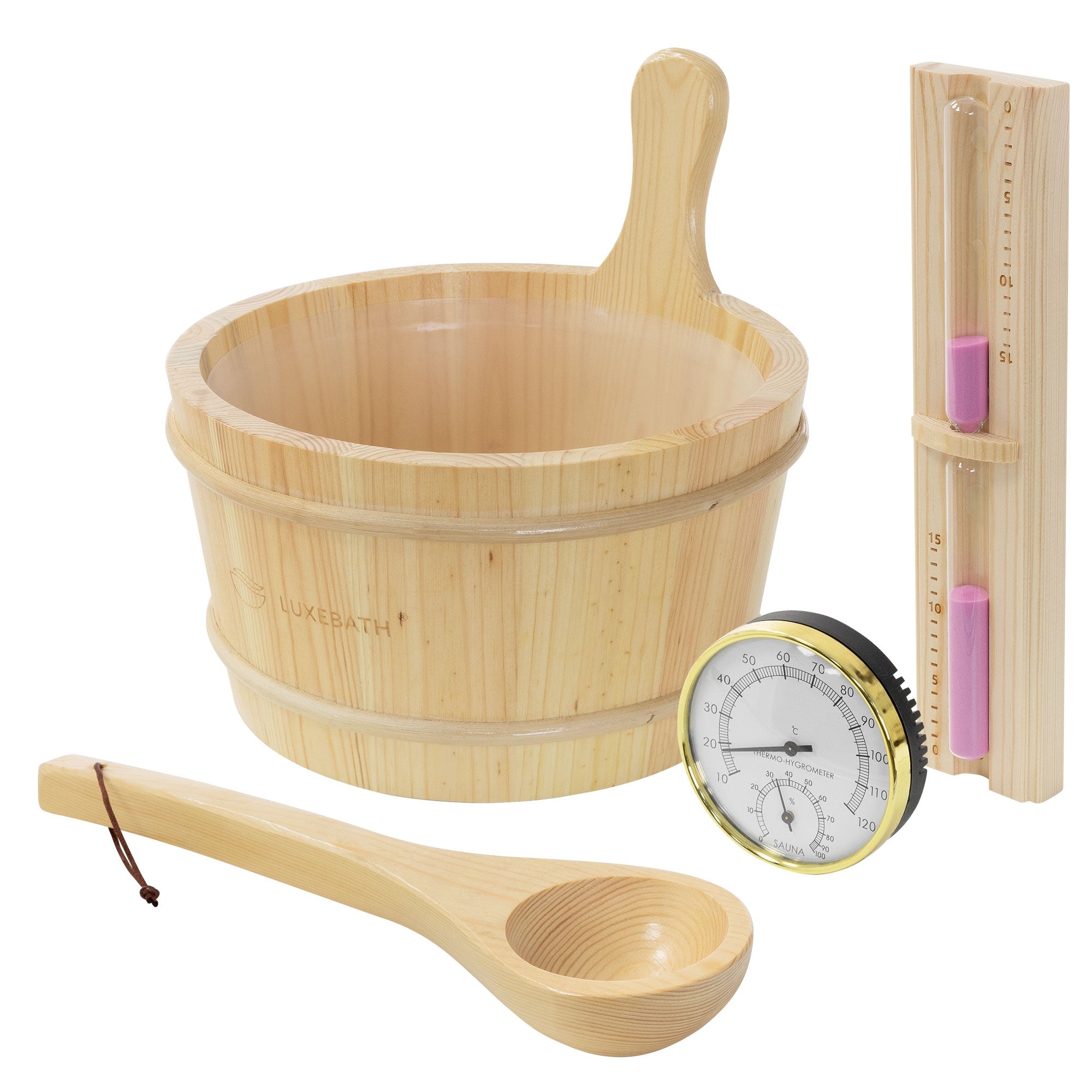 Ein Holzbehälter, eine Uhr und ein Thermometer auf einem weißen Hintergrund.