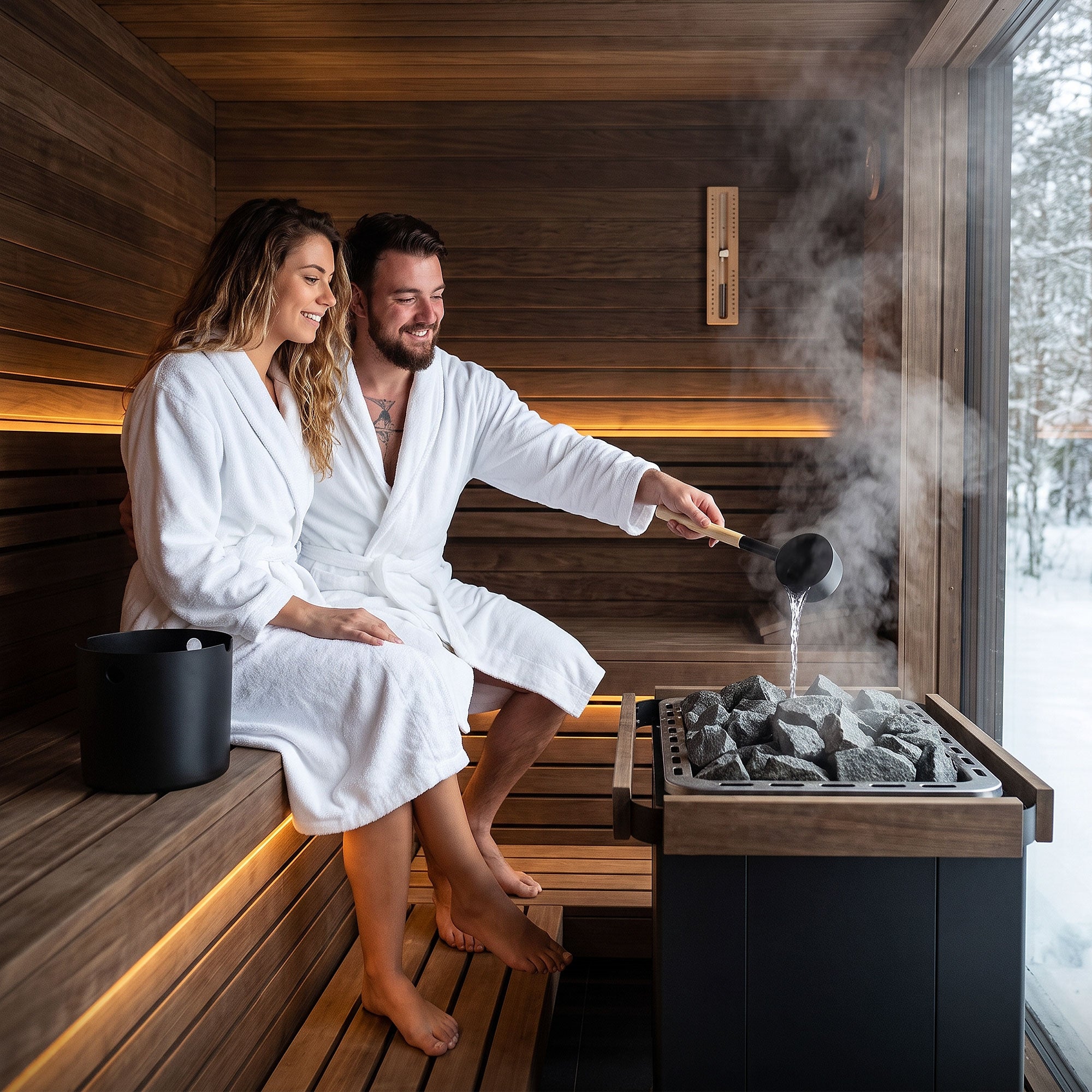 Zwei Personen in Bademänteln sitzen in einer Sauna und genießen die Wärme.