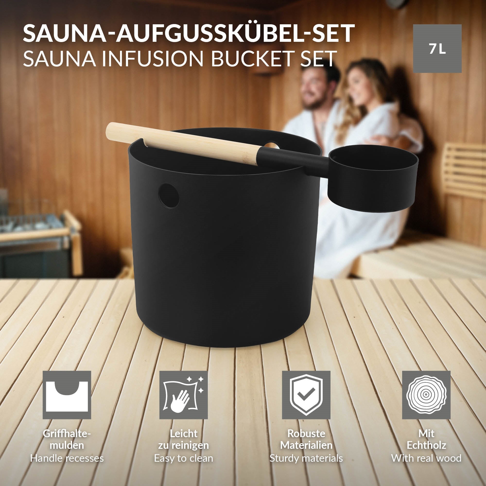 Grafik eines Sauna-Aufgusskübel-Sets, mit Beschreibung der Materialien und Funktionen.