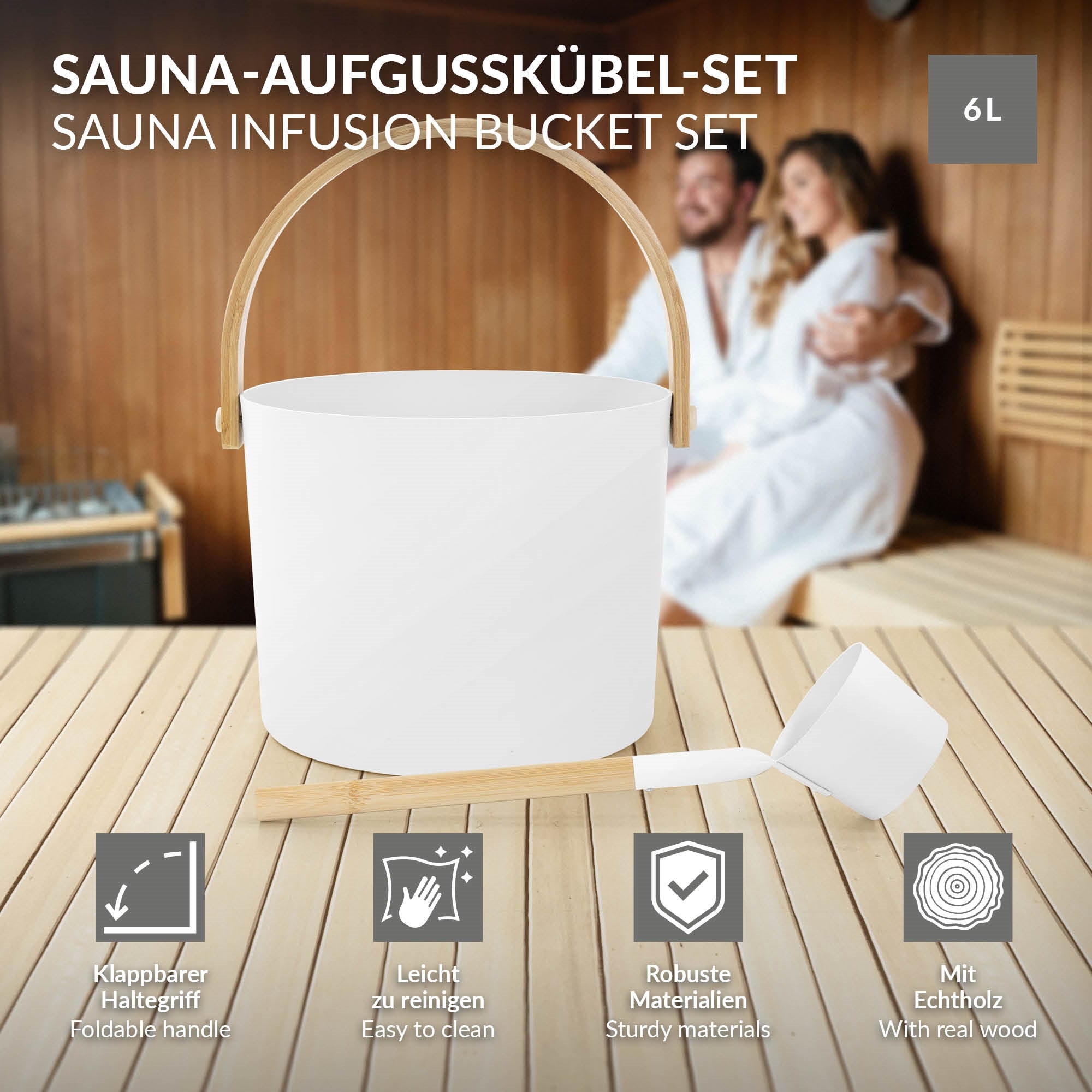 Weißer Sauna-Aufgusskübel mit klappbarem Haltegriff und Schaufel.