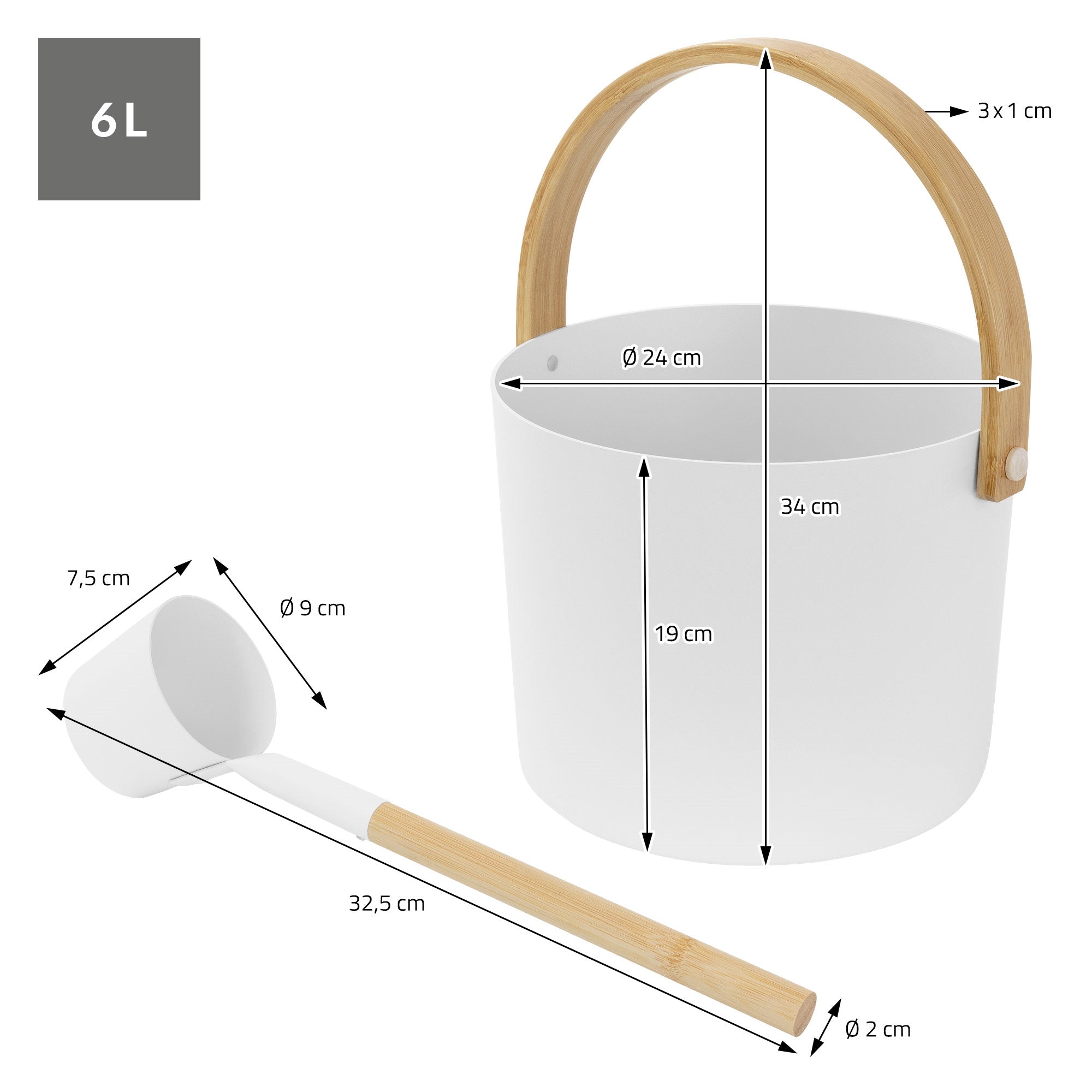 Secchio per infusione bianco con manico in legno e misurino, misure indicate.