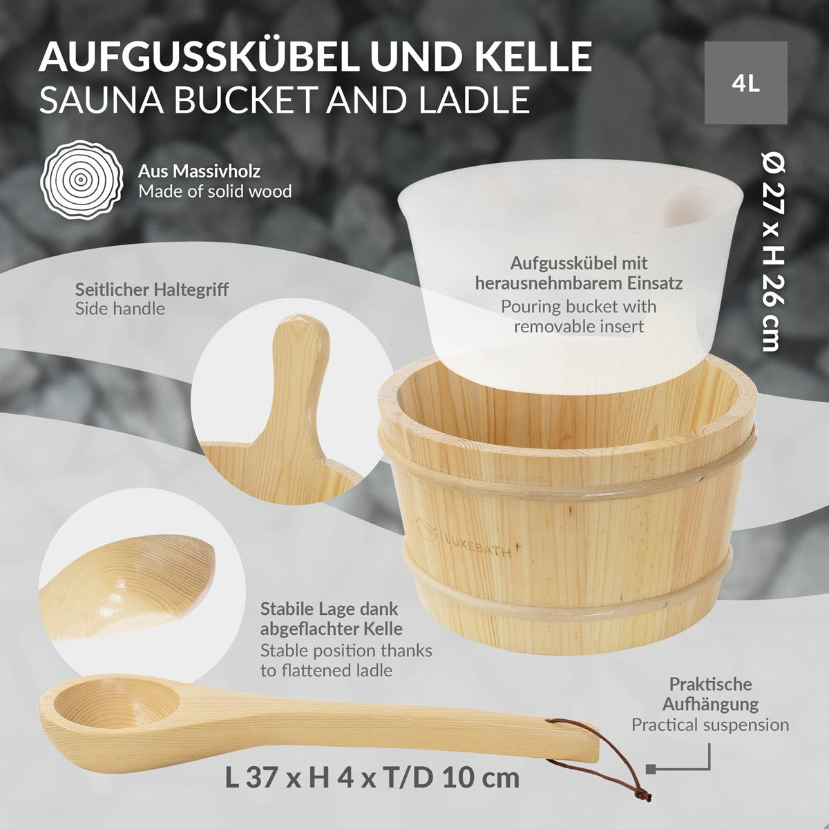 Aufgusskübel und Kelle, Beschreibung der Materialien und Maße.