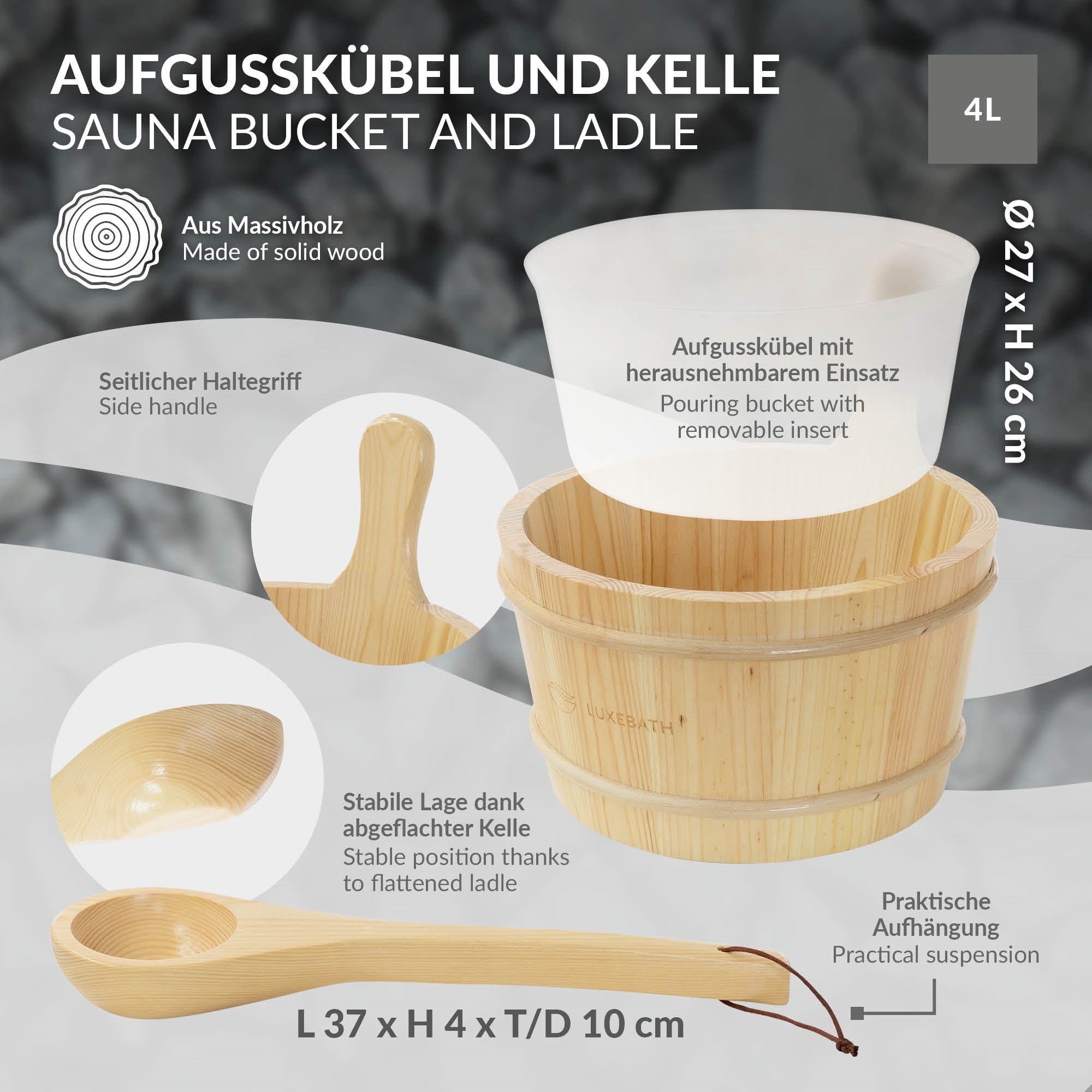 Aufgusskübel und Kelle, Beschreibung der Materialien und Maße.