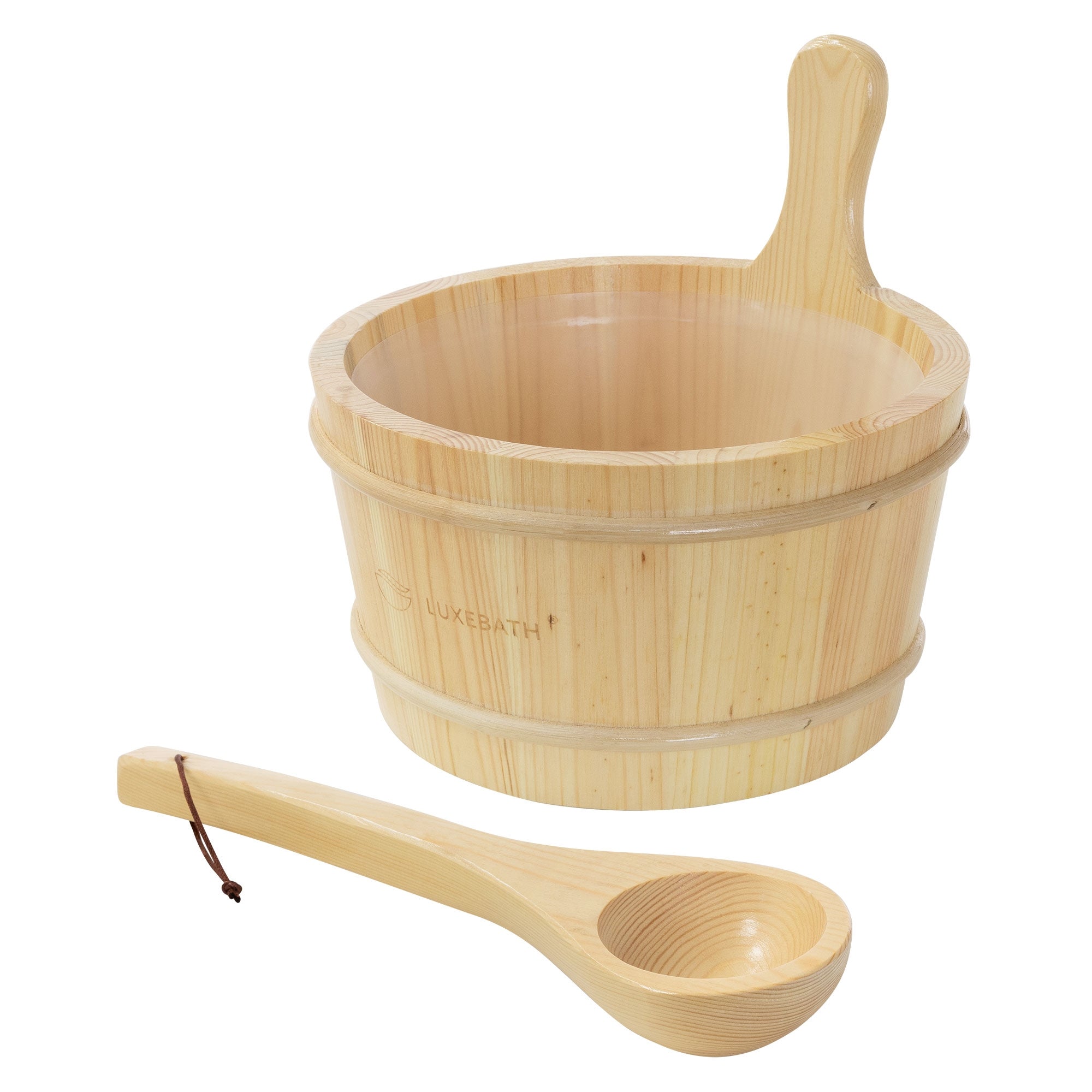Holzbehälter mit Löffel, beide aus hellem Holz.