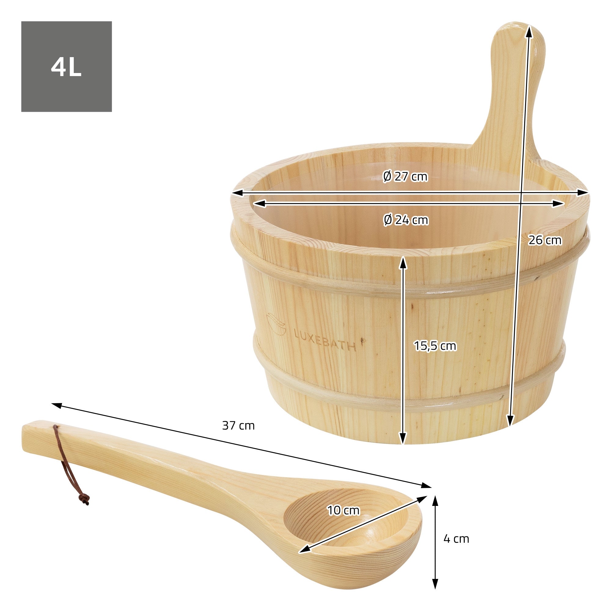 Holzaufgusskübel mit Kelle, Maße und Details abgebildet.