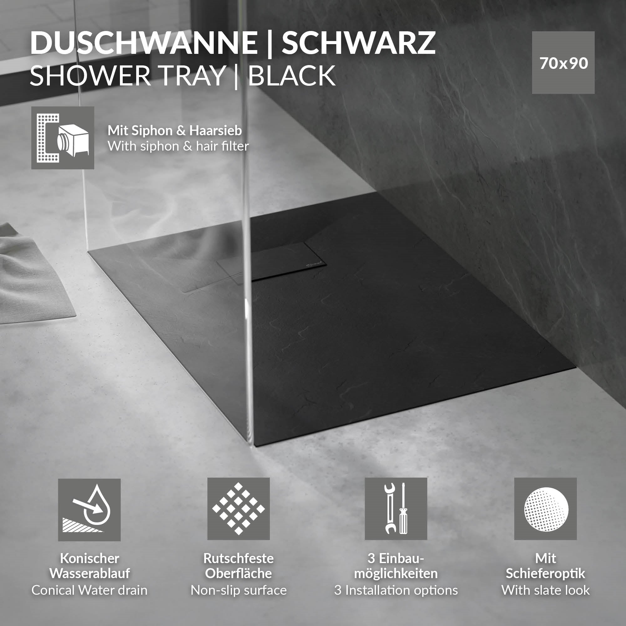 Schwarze Duschwanne mit konischem Wasserablauf und rutschfester Oberfläche.