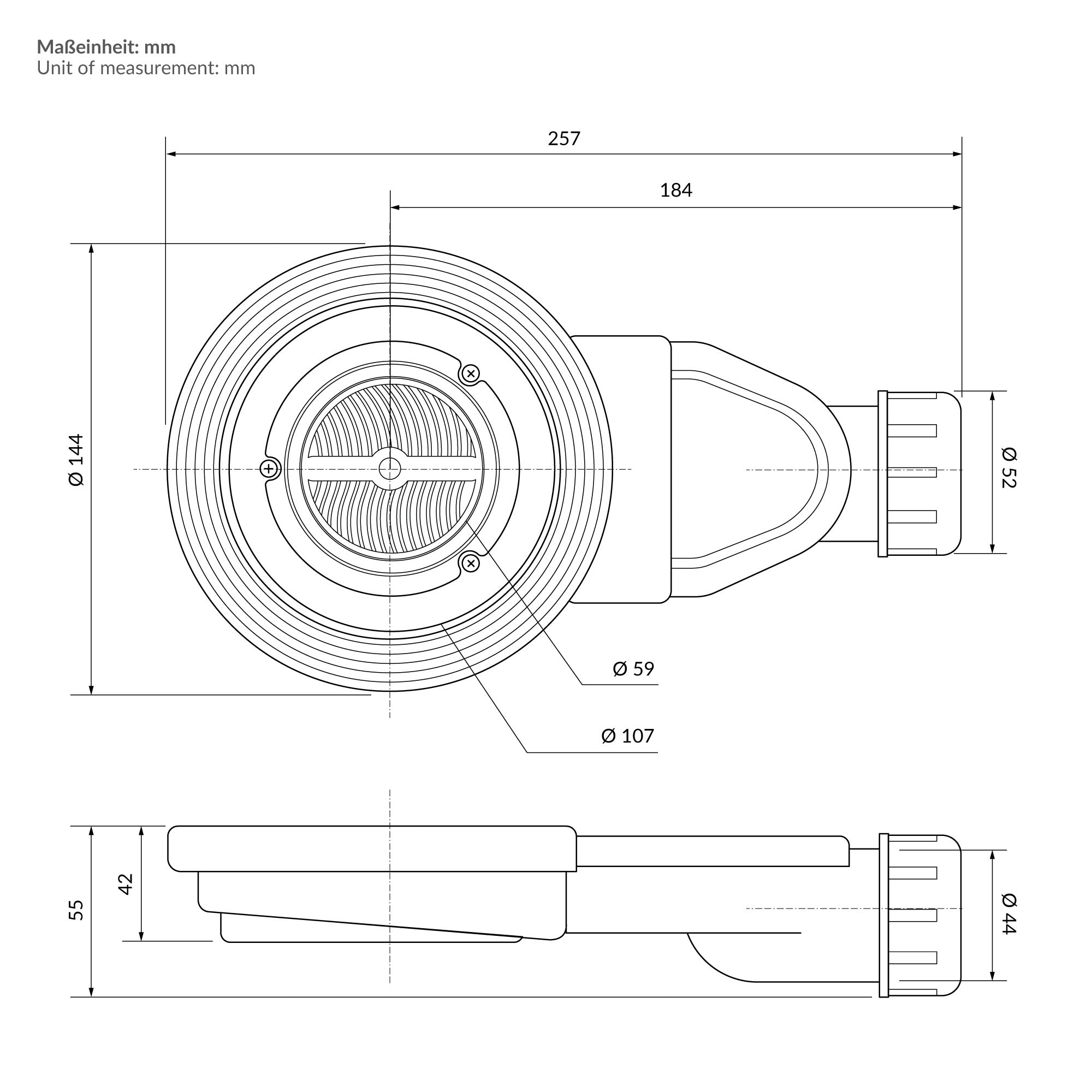 Teknisk tegning af en enhed med mål i millimeter.