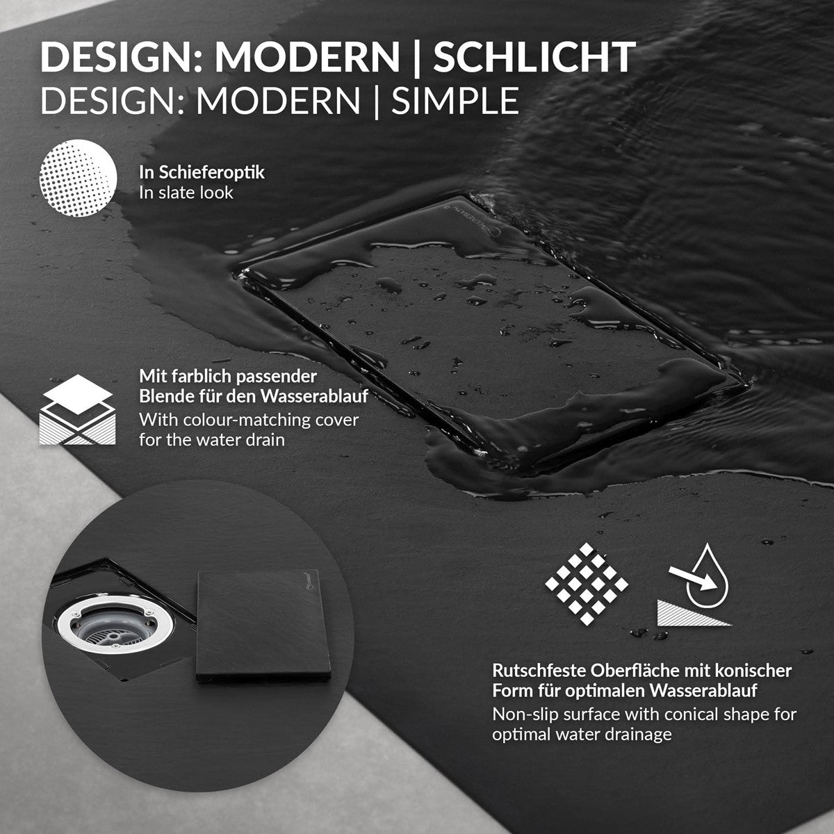 Grafik mit Duschwanne in Schieferoptik und Wasserablauf-Details.