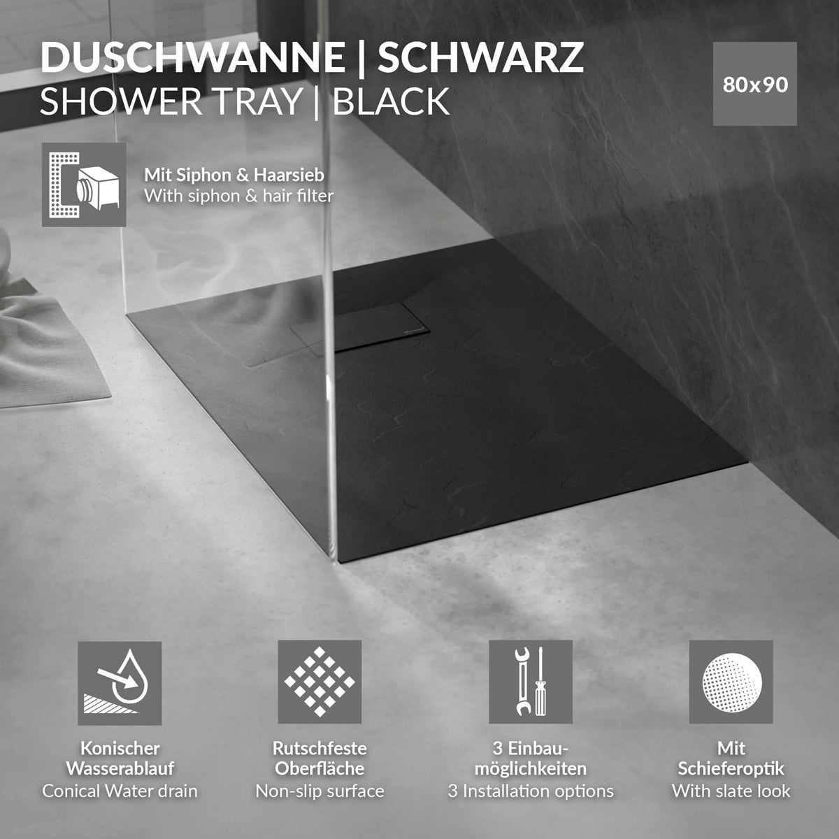 Schwarze Duschwanne mit Siphon und Haarsieb, rutschfester Oberfläche.