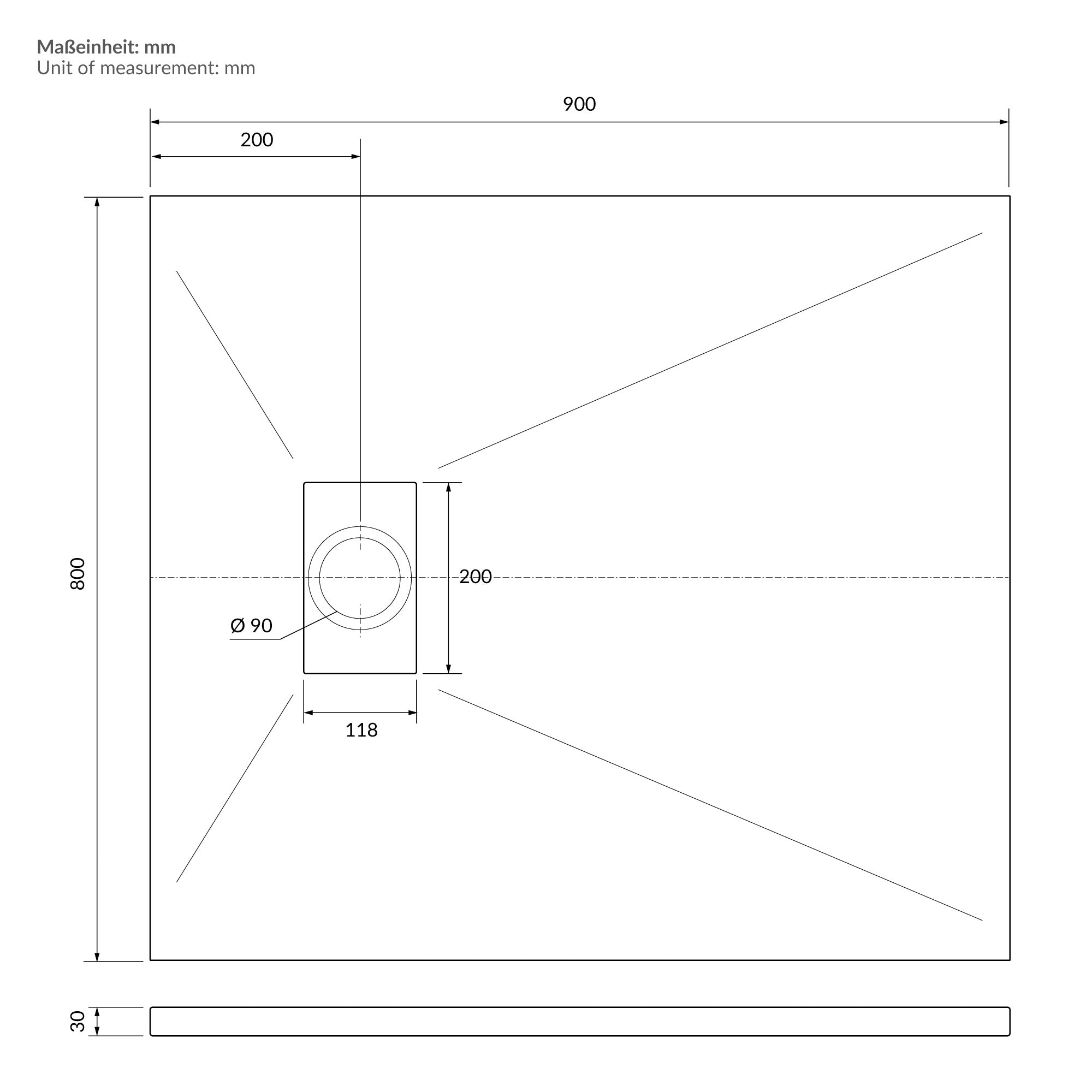 Disegno tecnico di un pavimento doccia con scarico.
