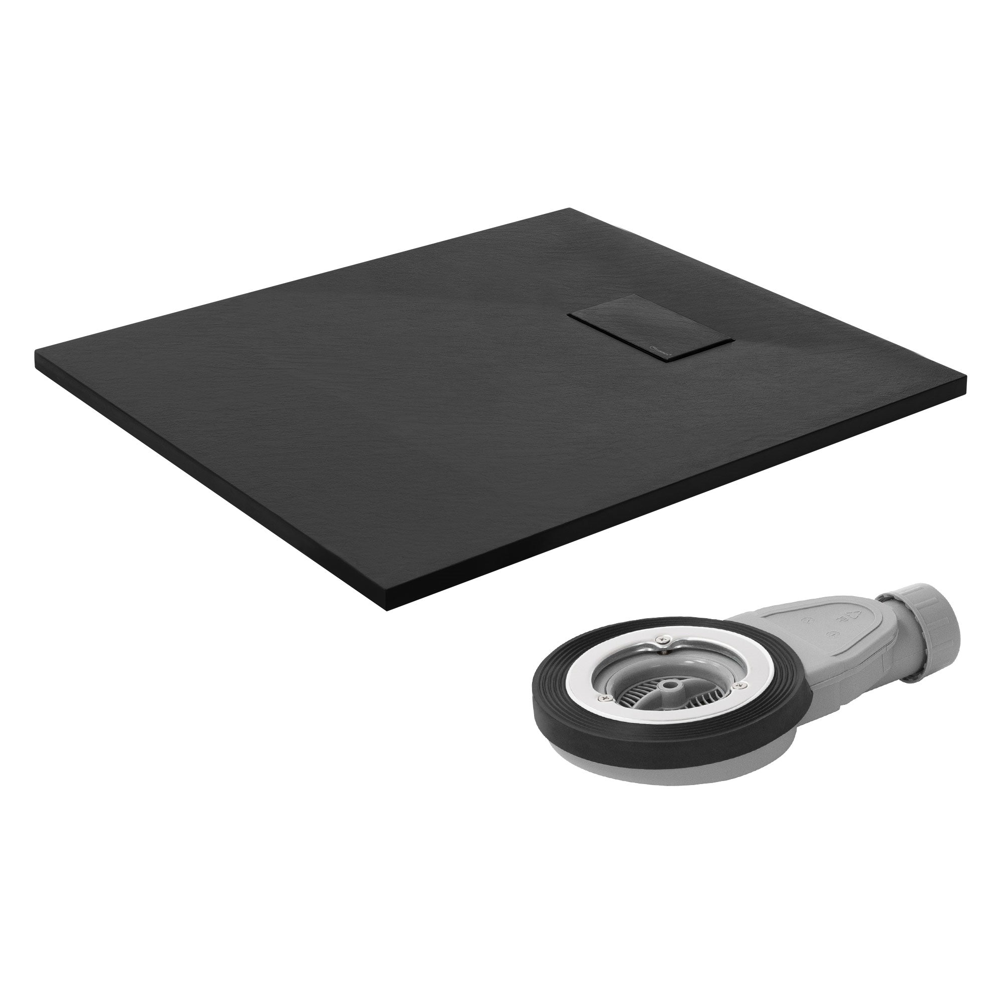 Schwarze Duschplatte mit Wasserablauf und Abdeckung.