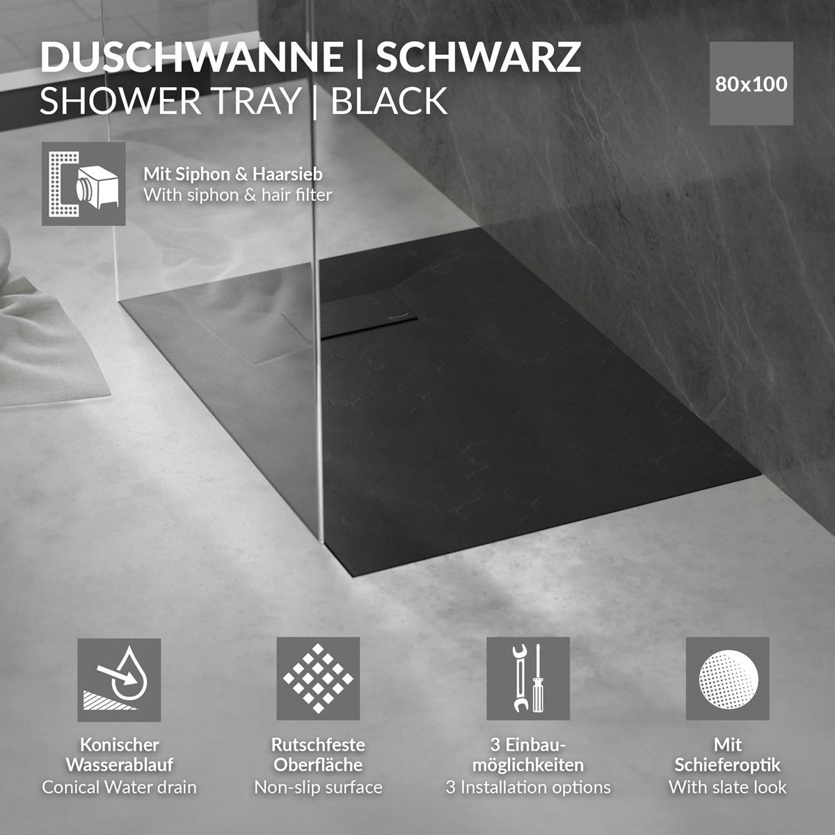 Schwarze Duschwanne mit Siphon und Haarfilter, verschiedene Einbaumöglichkeiten.