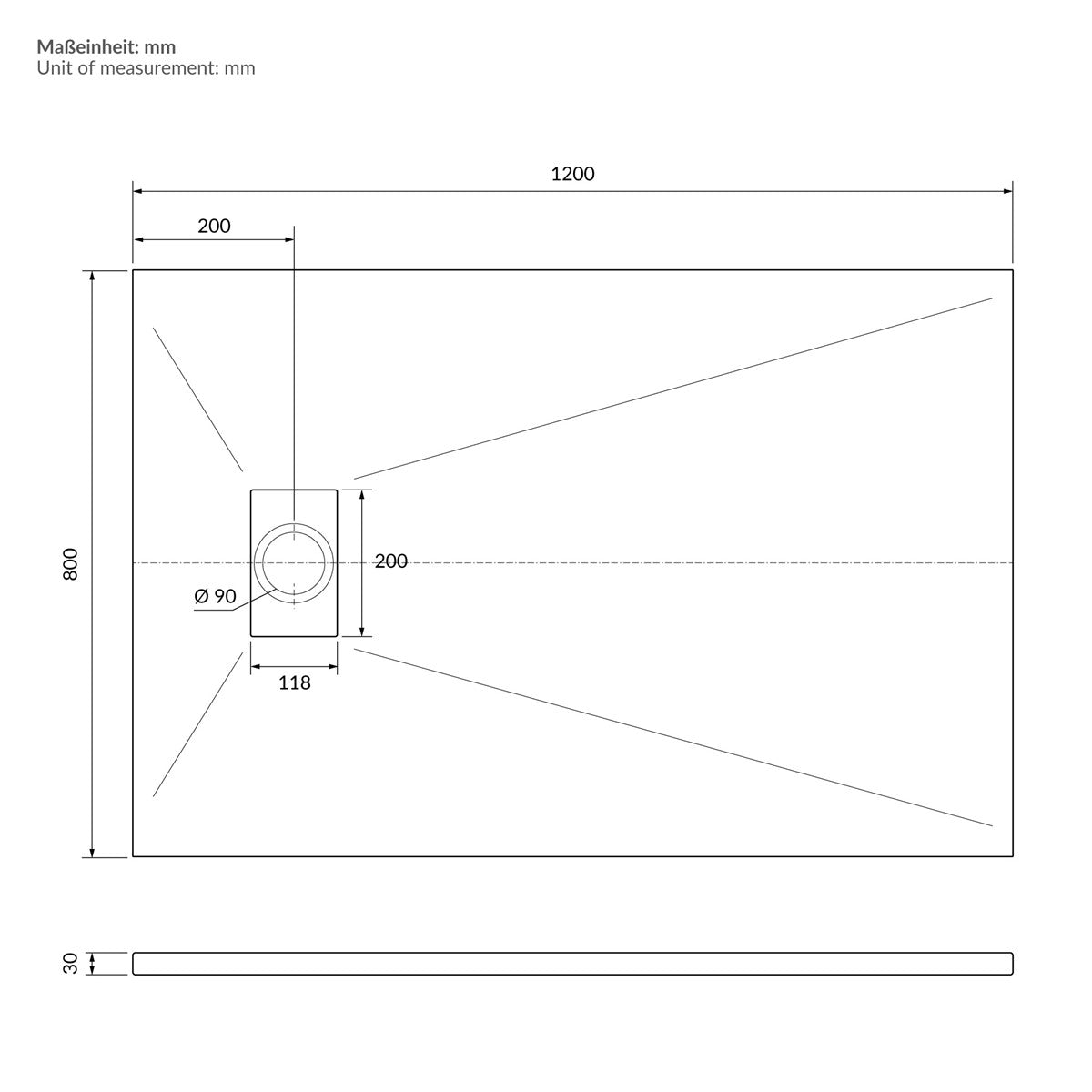 Dibujo técnico del plato de ducha con dimensiones en mm.