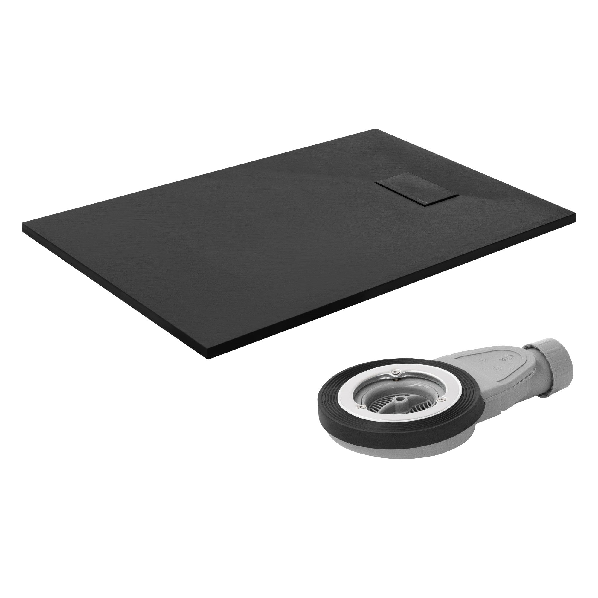Schwarze Duschwanne mit Wasserablauf und Abdeckung.
