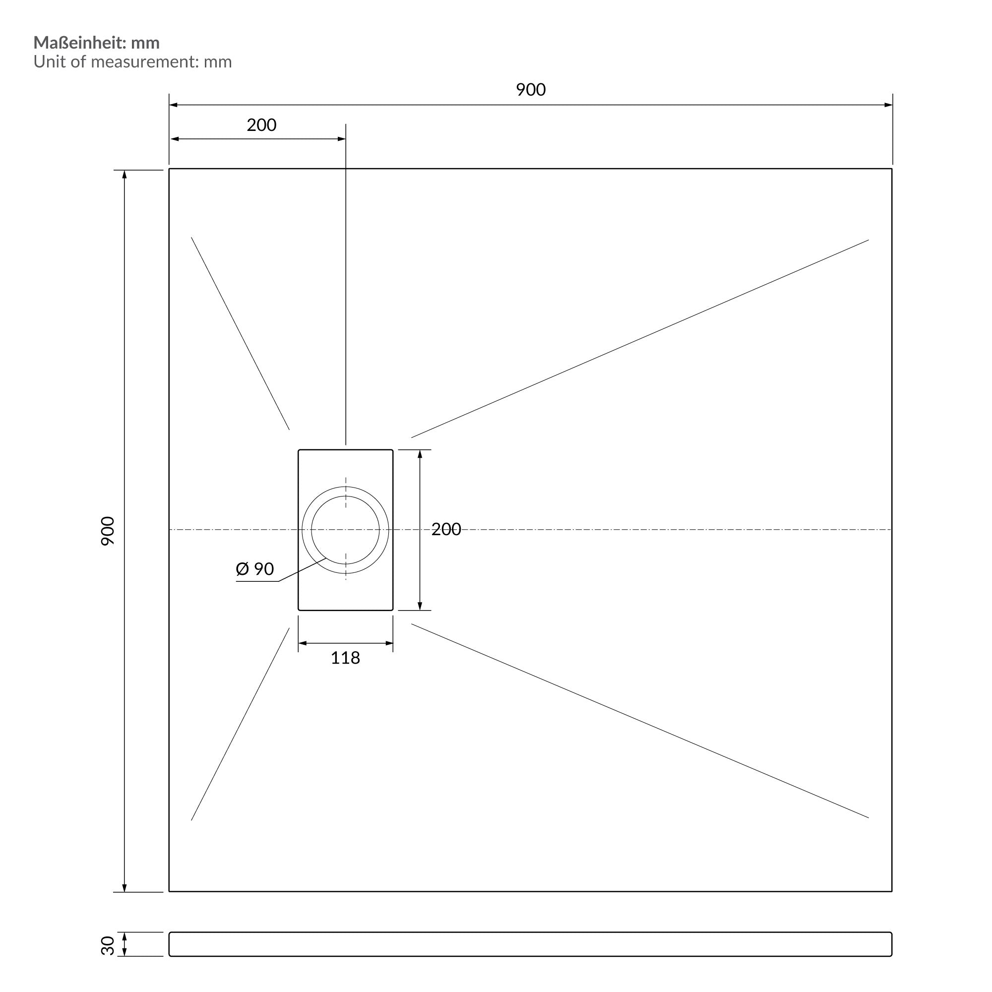 Disegno tecnico con misure per un piatto doccia.