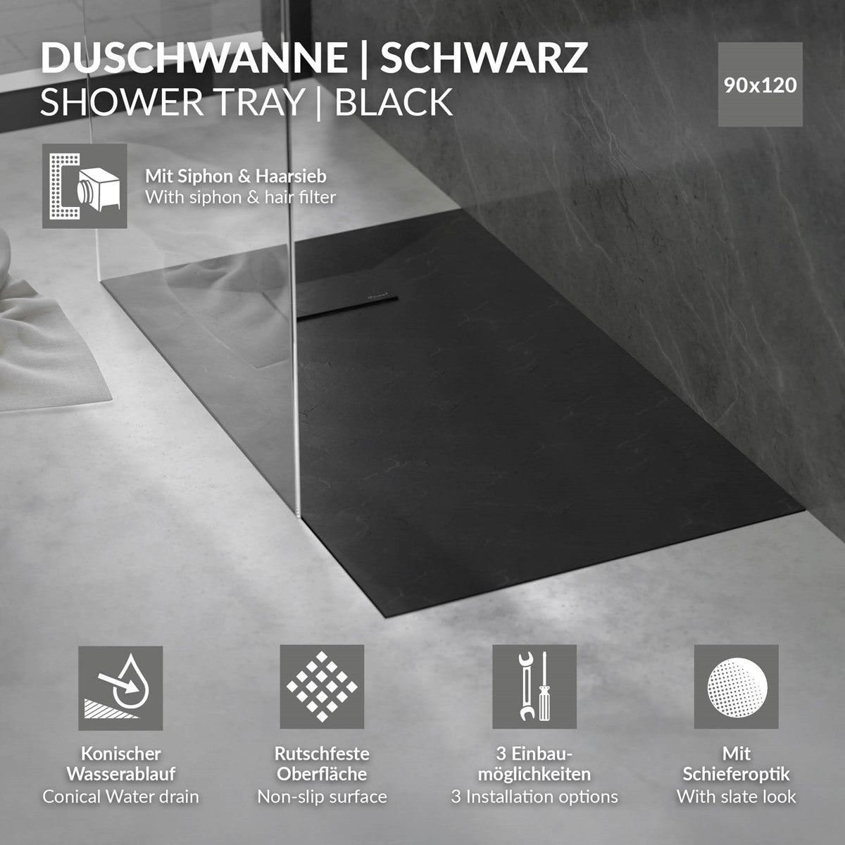 Schwarze Duschwanne mit Siphon und Haarfilter, rutschfester Oberfläche.