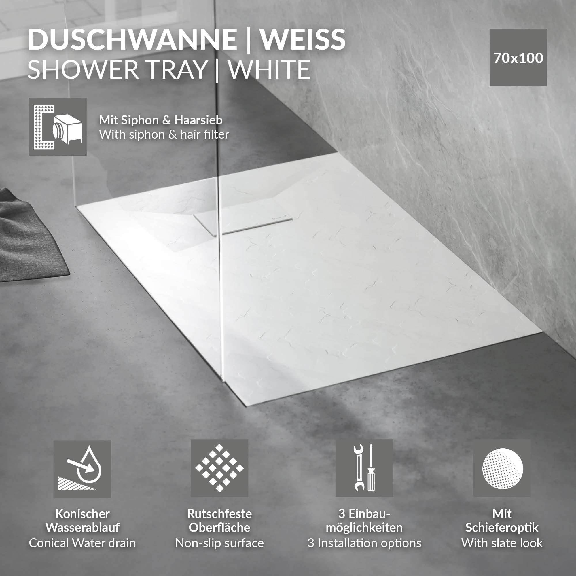White shower tray with siphon and hair strainer on a gray background.