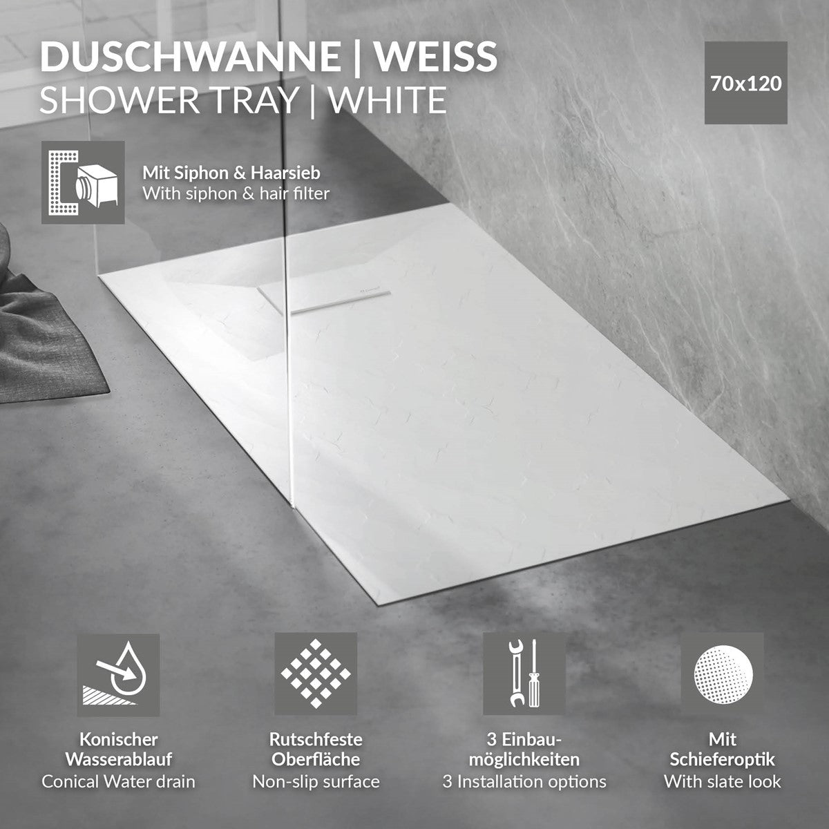 Weiße Duschwanne mit Siphon und Haarsieb, Maße 70x120 cm.