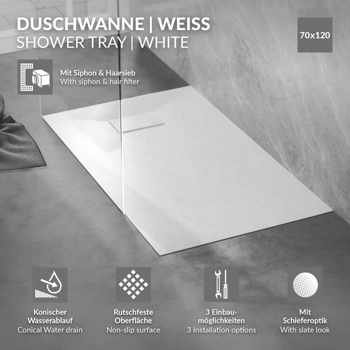 White shower tray with siphon and hair strainer, dimensions 70x120 cm.