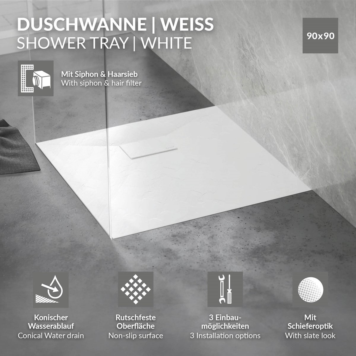 Weiße Duschwanne mit Siphon und Haarsieb, 90x90 cm.