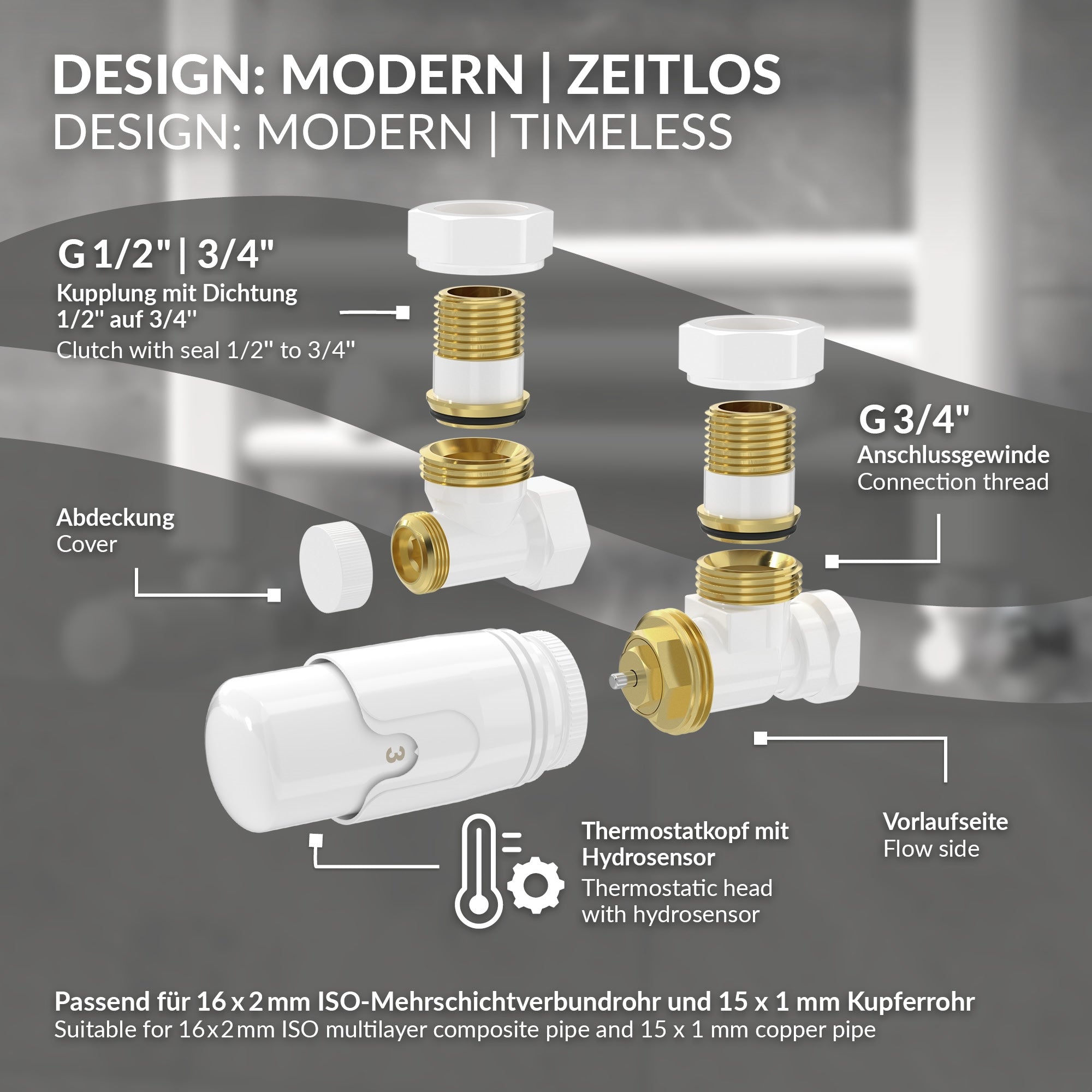 Grafik mit zwei Thermostatventilen und technischen Details.