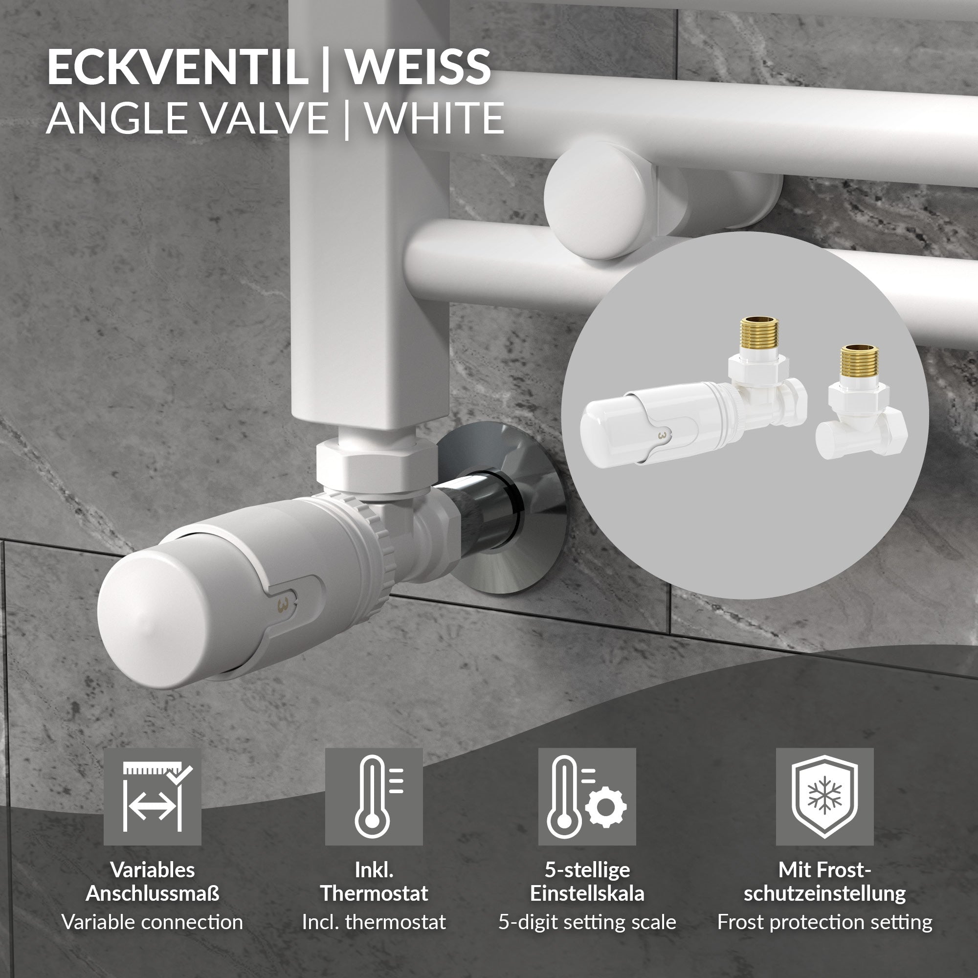 Weißes Eckventil mit Thermostat und technischen Informationen.