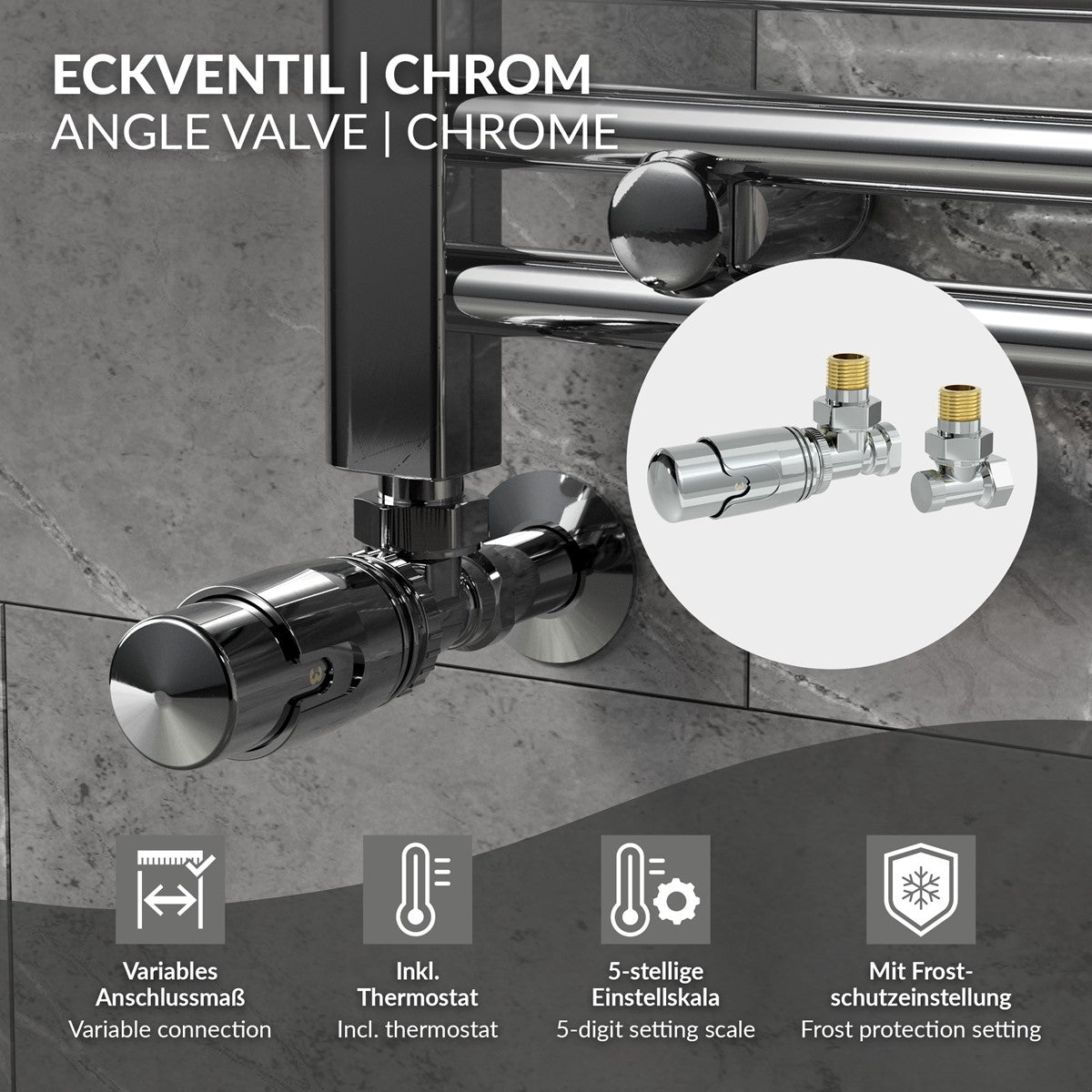 Eckventil aus verchromtem Metall mit Thermostat und Einstellskala.