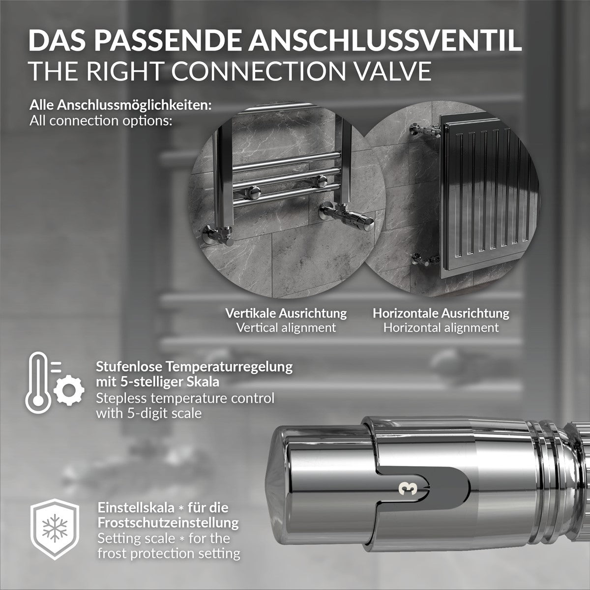 Grafik eines Anschlussventils mit Temperaturregelung und Einstellsymbol.