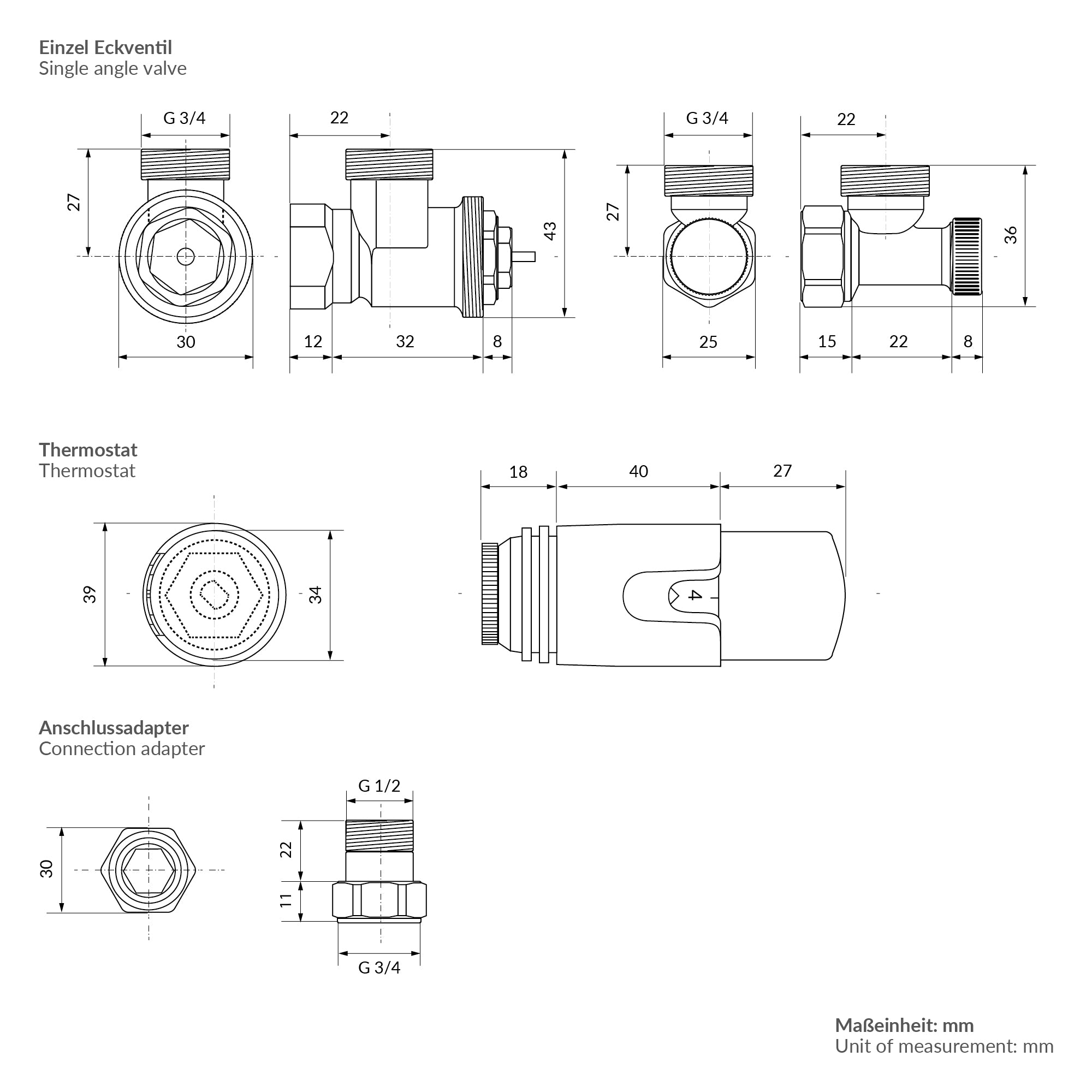 Dibujo técnico de un termostato con dimensiones.