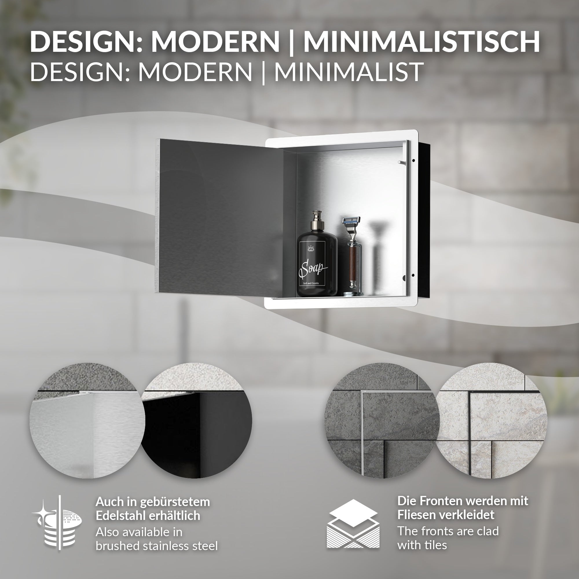 Offene Wandnische mit Pflegeprodukten auf einem minimalistischen Hintergrund.