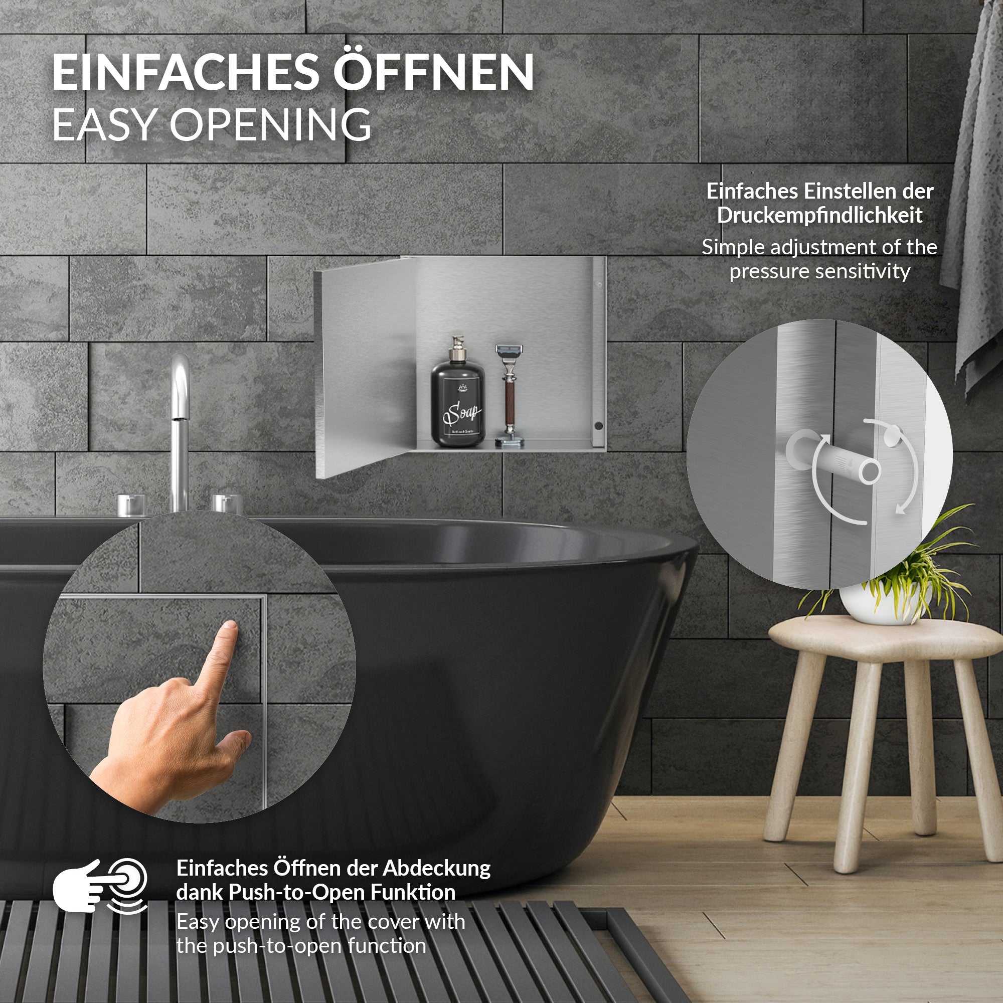 Badewanne mit einem Hinweis auf die einfache Öffnung der Abdeckung.