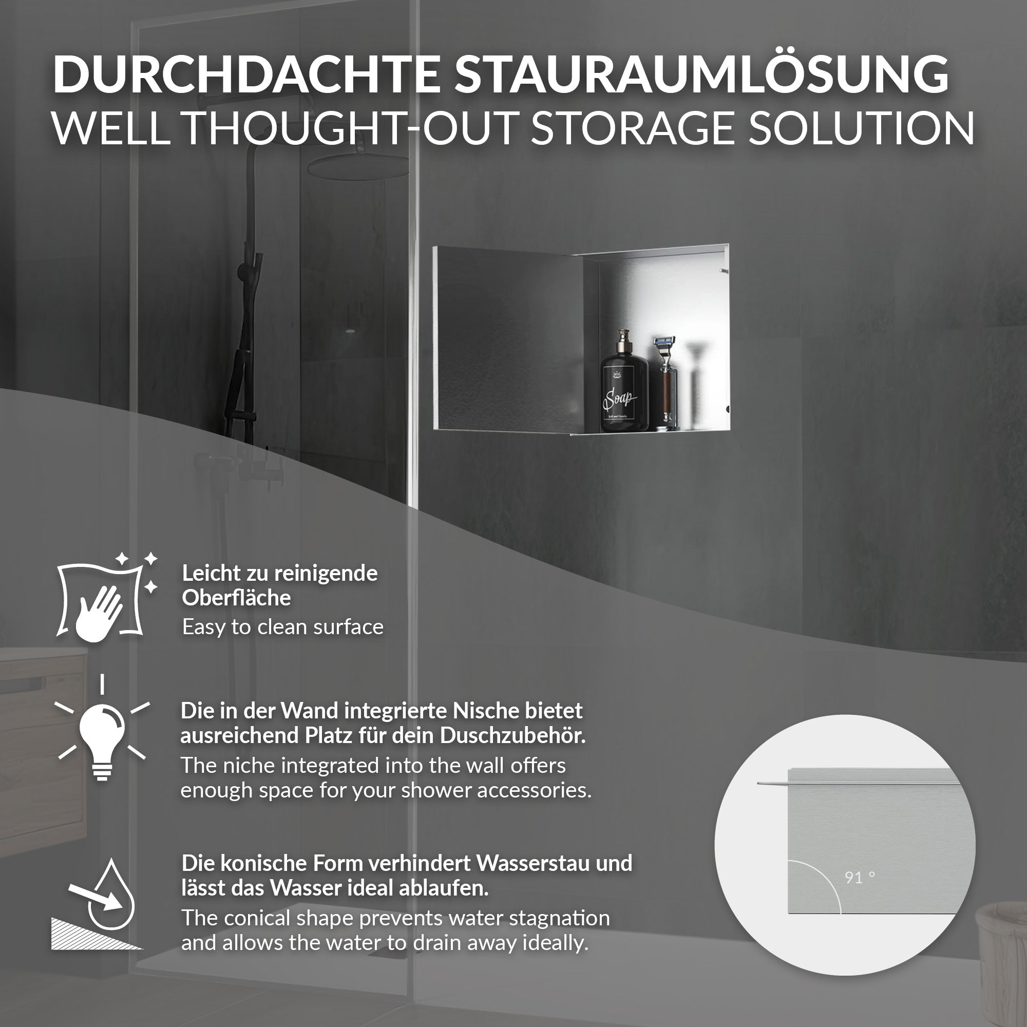 Wandnische mit Produkten in einem Badezimmer, graue Wand, Duschbereich.
