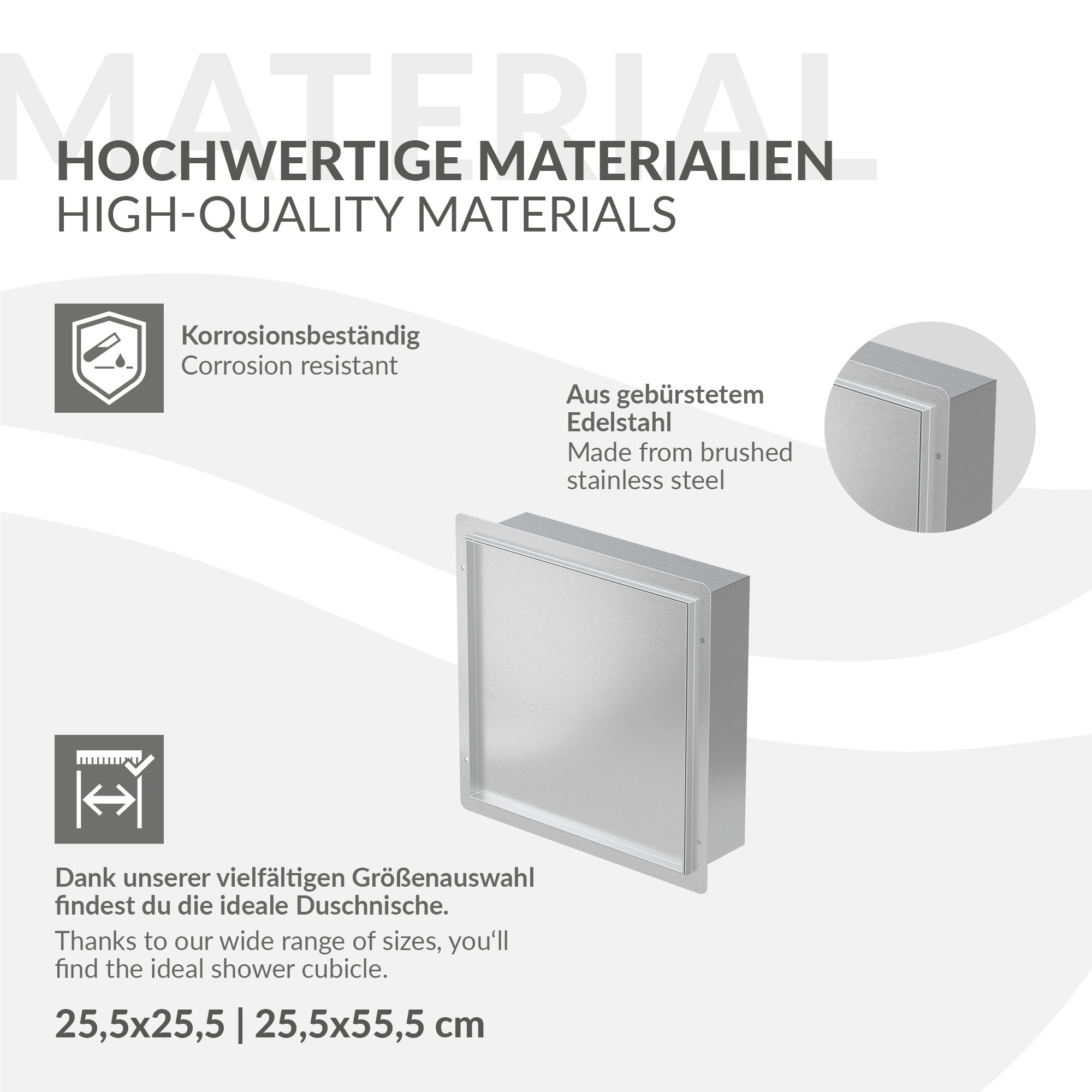 Silberne Duschablage mit Informationen zu hochwertigen Materialien.