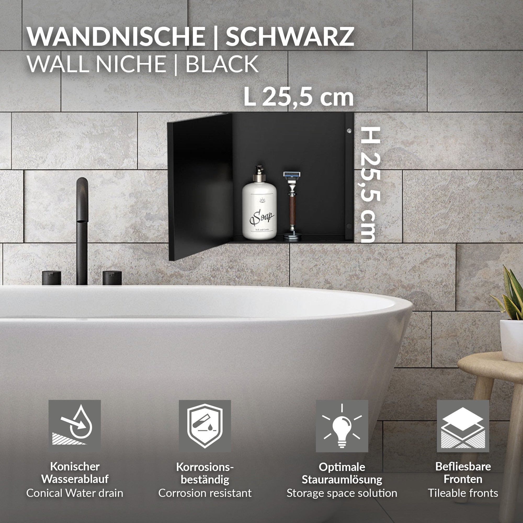 Schwarze Wandnische mit zwei Fächern und dekorativen Flaschen.