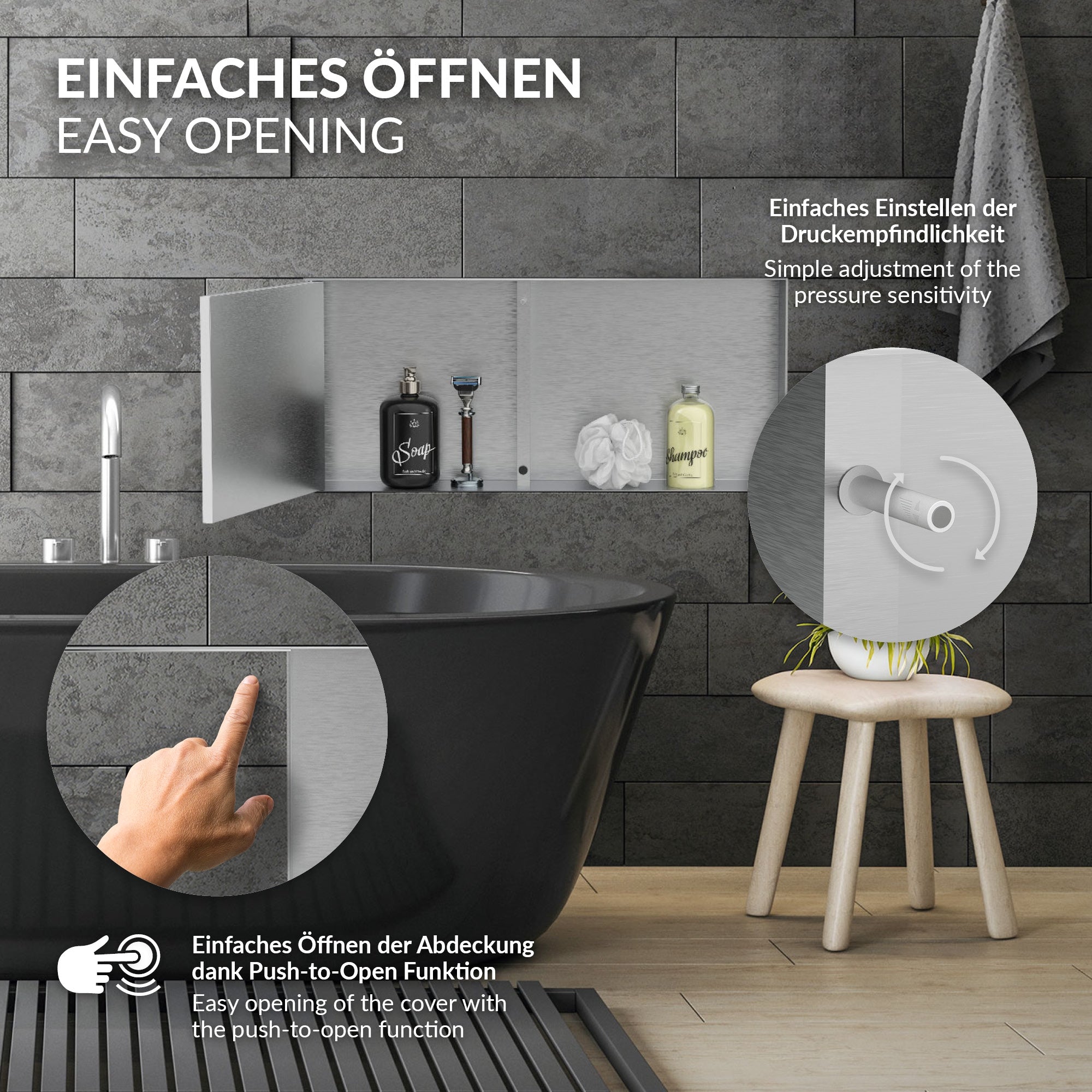 Badewanne mit silbernem Regal, das eine Druckfunktion zeigt.