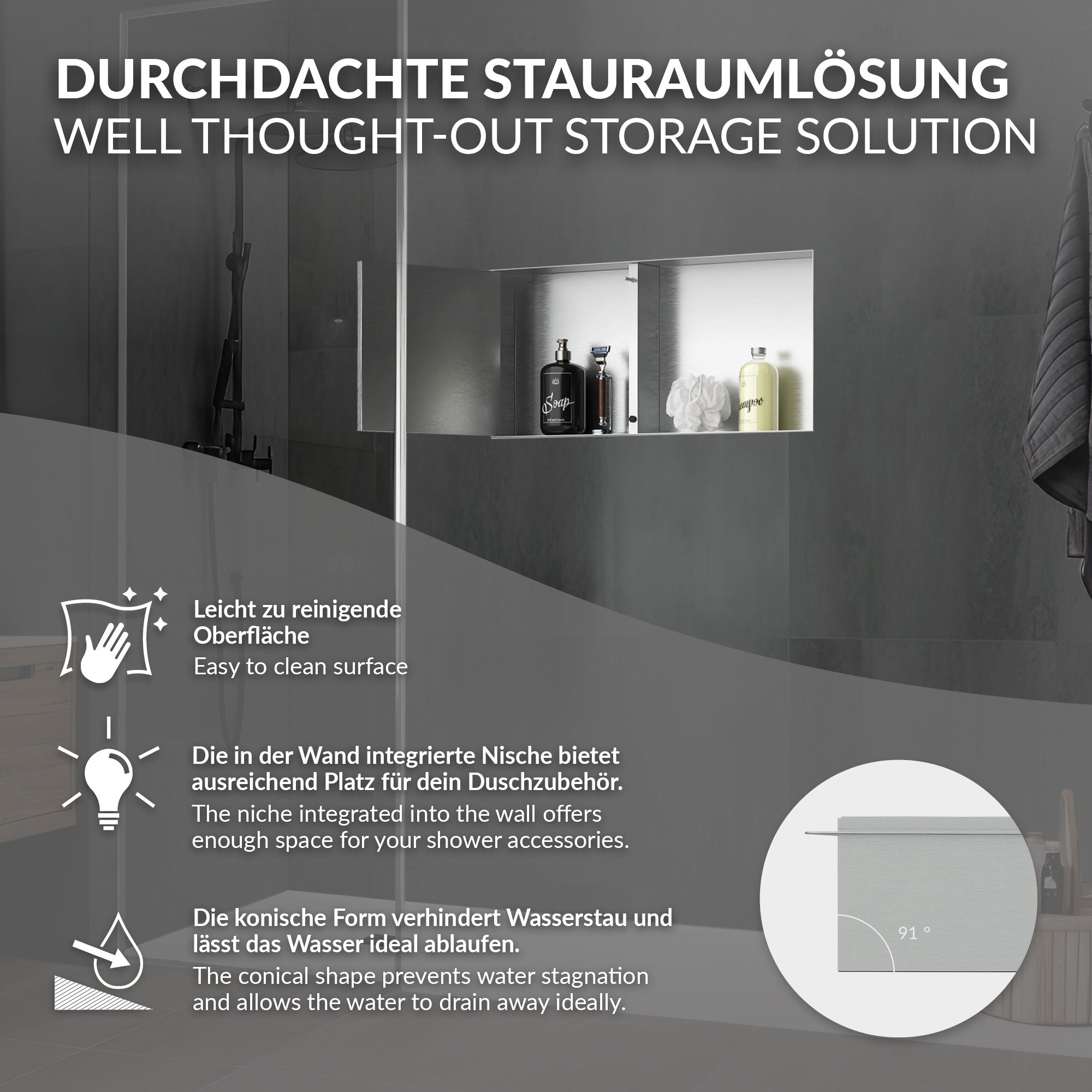 Wandnische mit Produkten in einem Badezimmer, graue Wand, Duschbereich.