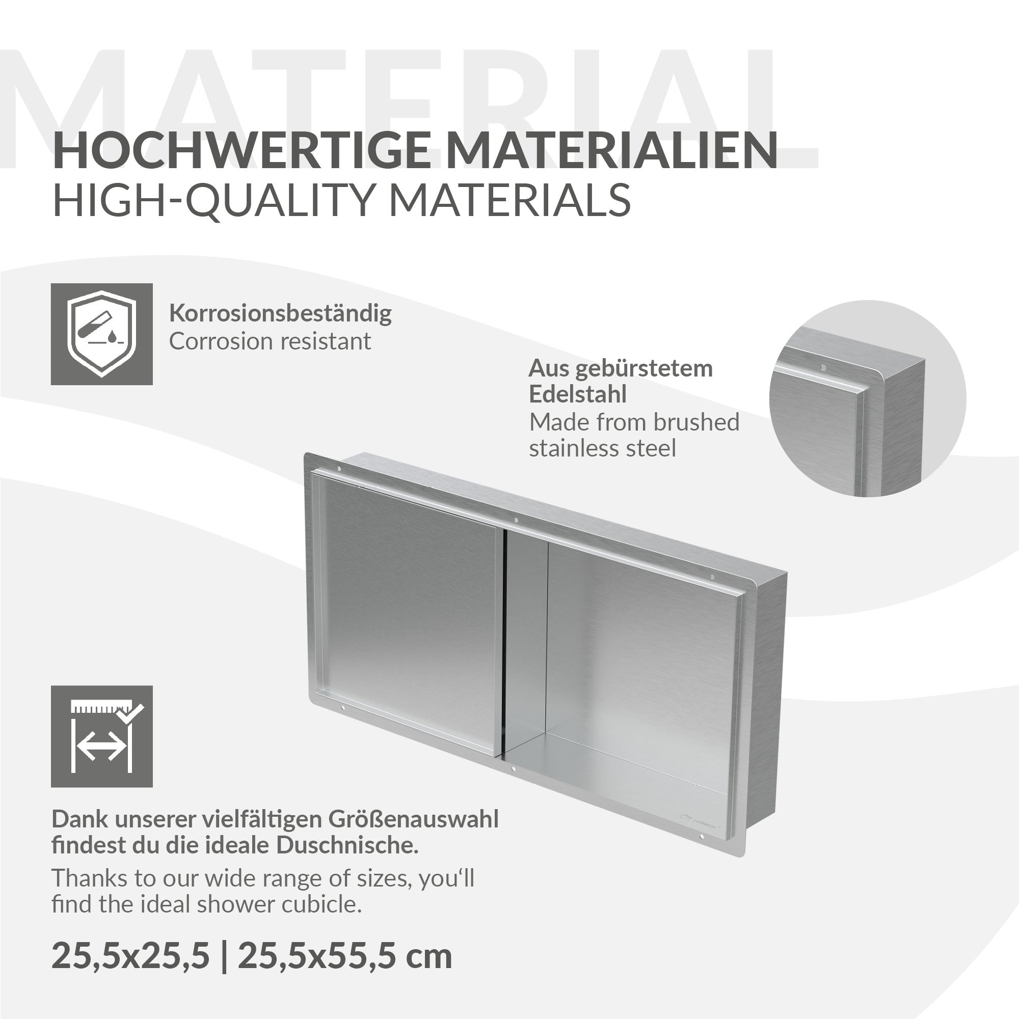 Detailansicht eines Duschregals aus gebürstetem Edelstahl.