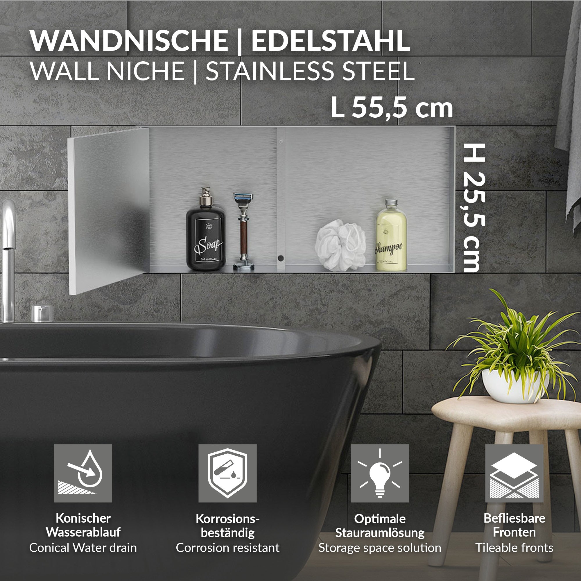 Edelstahl-Wandnische mit zwei Fächern und dekorativen Flaschen.