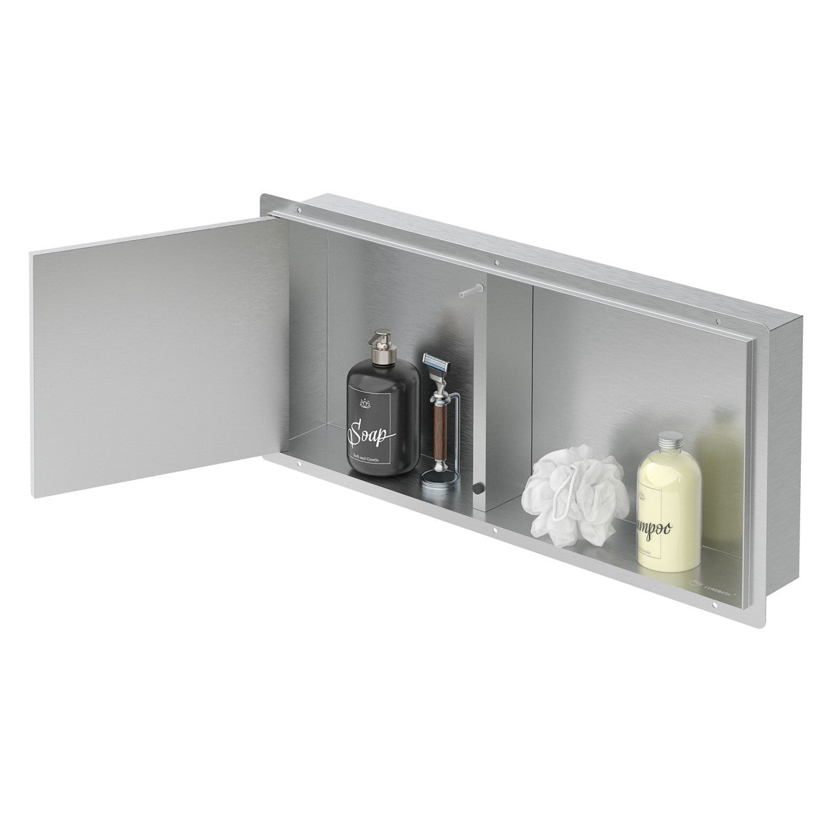 Open shower shelf with personal care products and a towel.