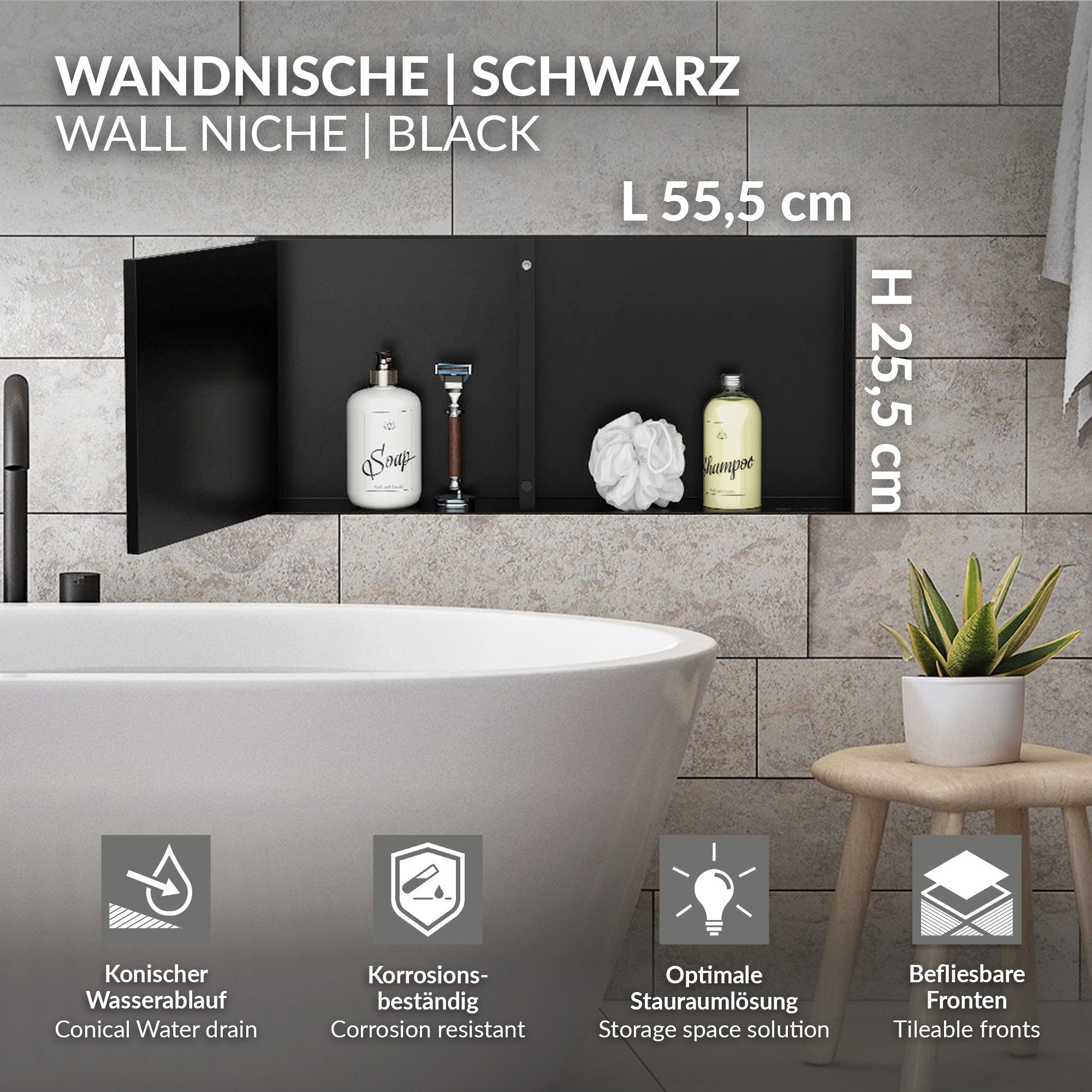 Schwarze Wandnische mit zwei Fächern, gefüllt mit Pflegeprodukten.