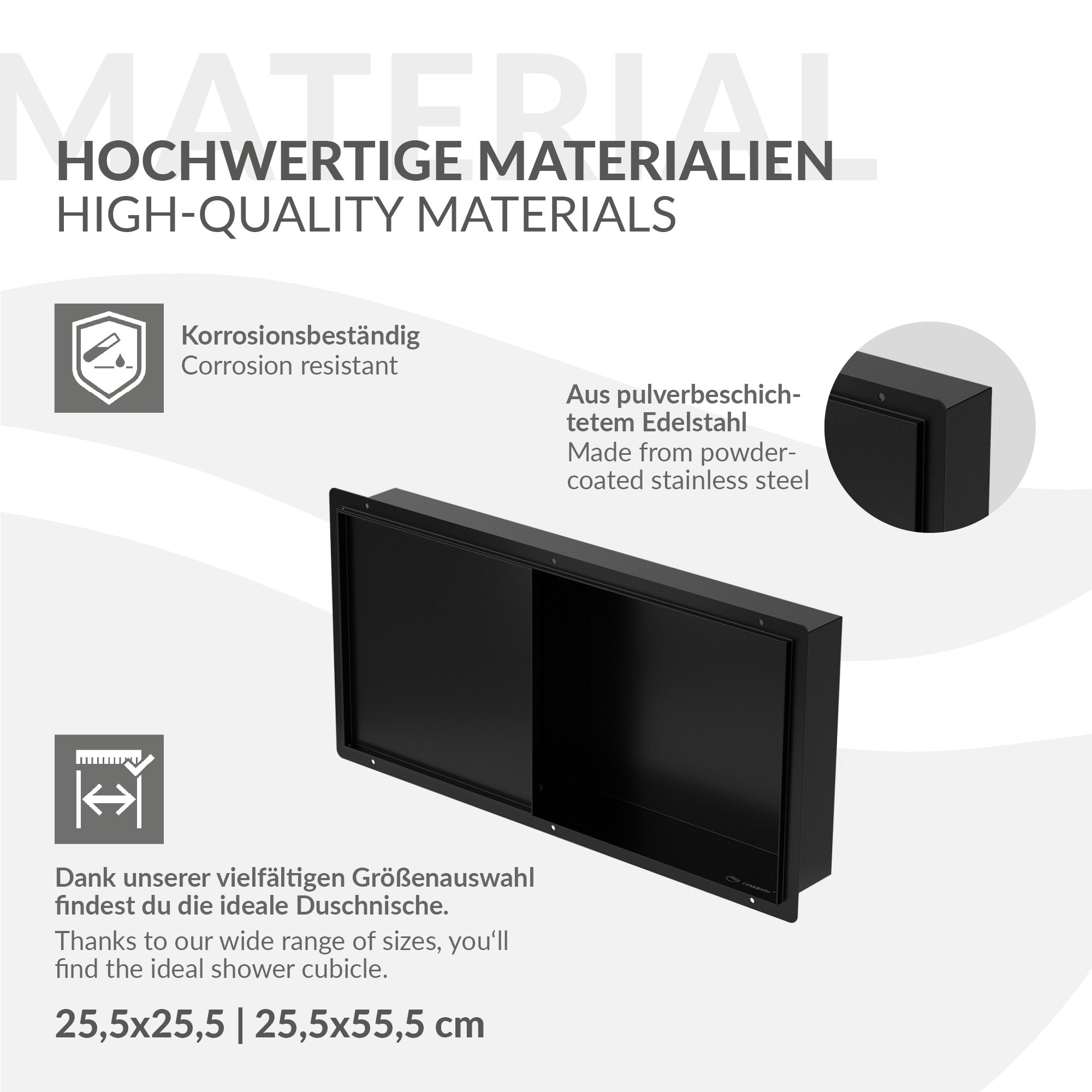 Grafika s informacemi o kvalitních materiálech a velikostech sprch.