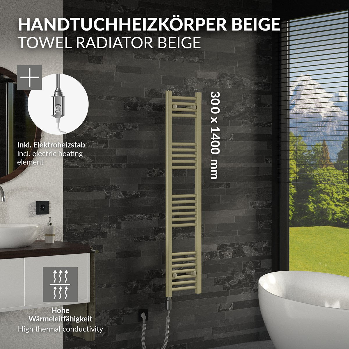 Beige Handtuchheizkörper mit elektrischen Heizstab in einem Badezimmer.