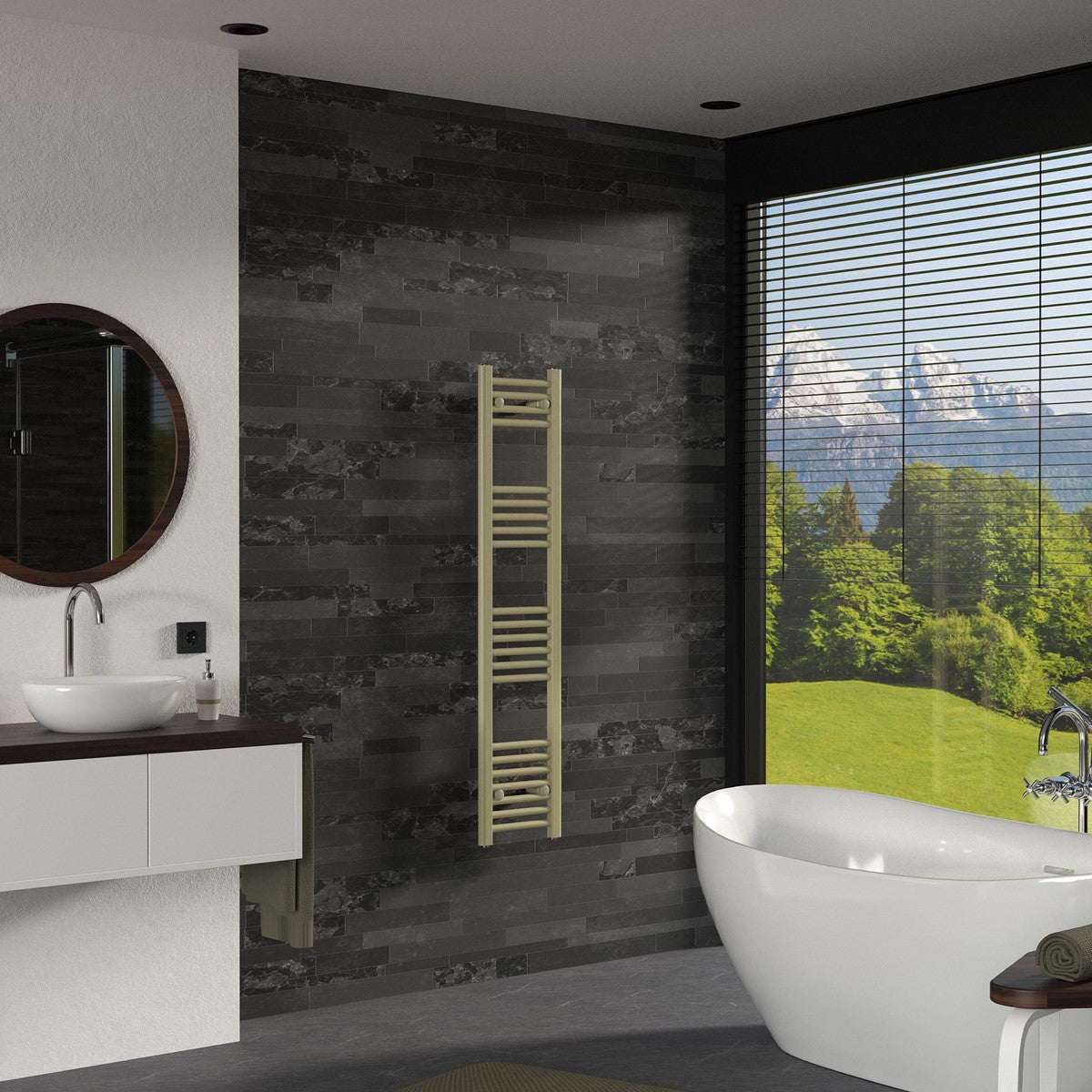 Ein Handtuchwärmer in einem modernen Badezimmer mit Fenster und Aussicht.