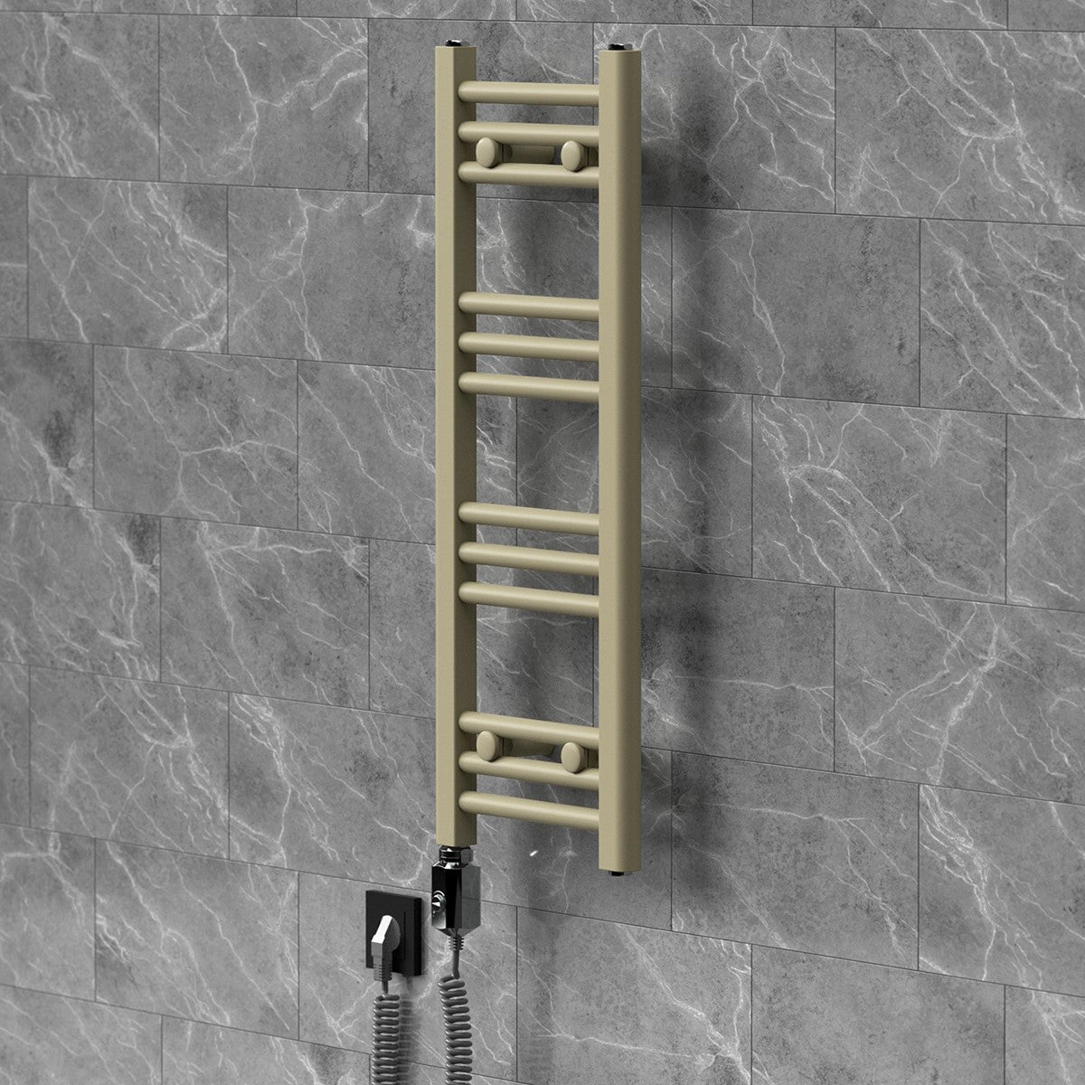 Scaldasalviette beige su una parete grigia.