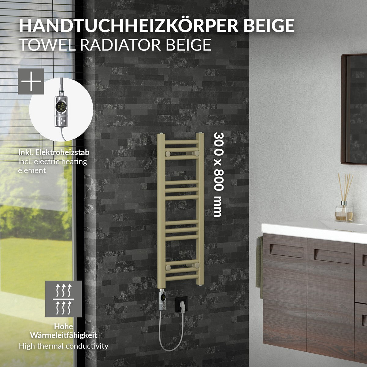 Handtuchheizkörper beige mit Abmessungen und Heizstab.