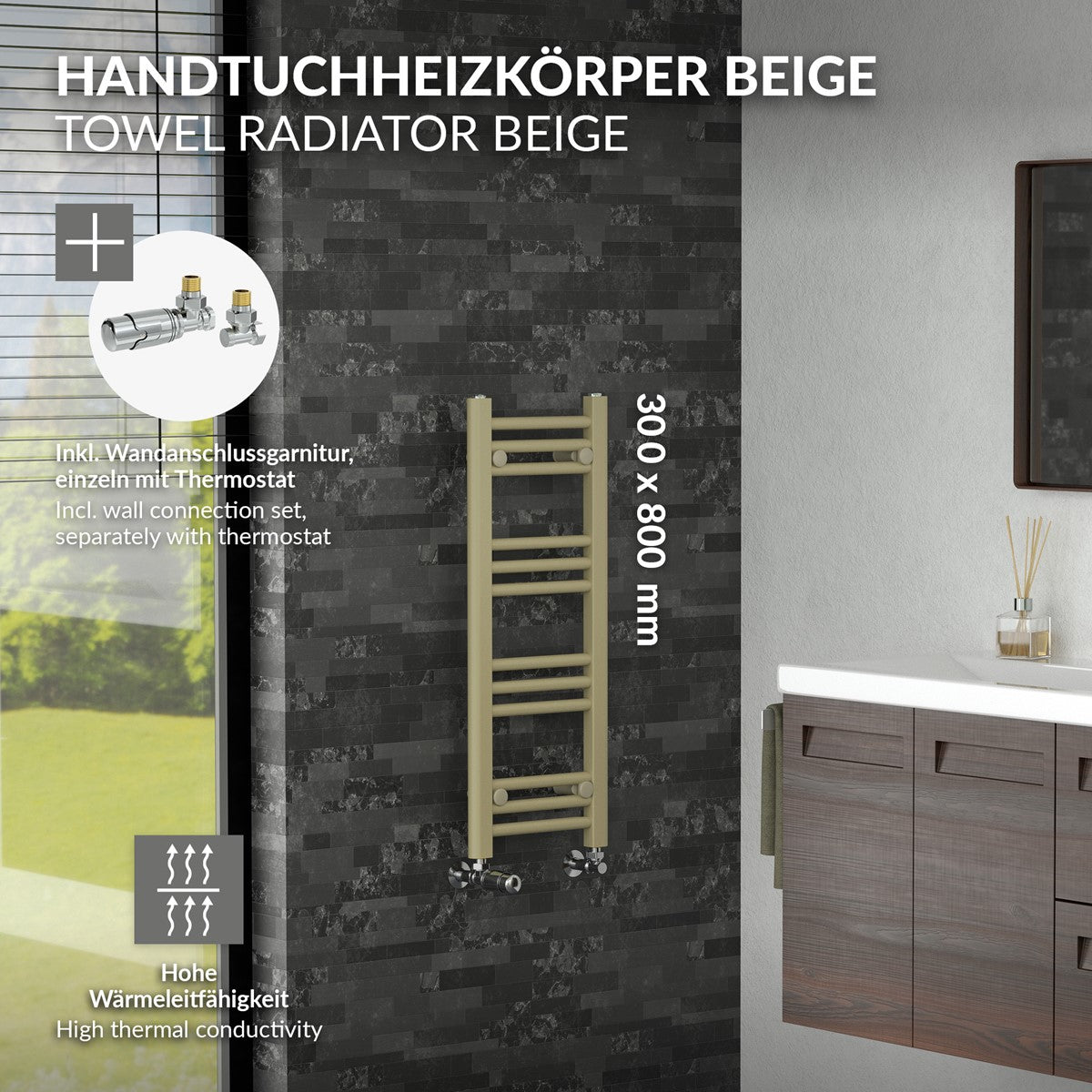Handtuchheizkörper beige mit technischen Details und Abmessungen.