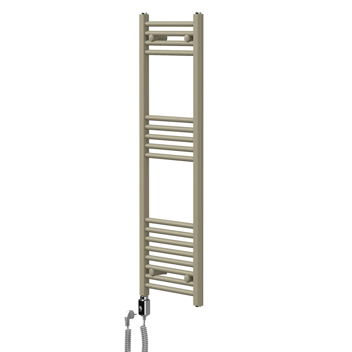 Beige Handtuchheizkörper an einer Wand mit Waschbecken und Spiegel.